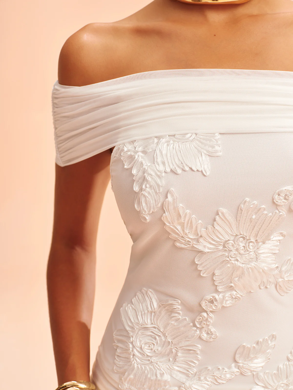 Mesh Off-Shoulder Floral Applique Blouse - Wholesalesil