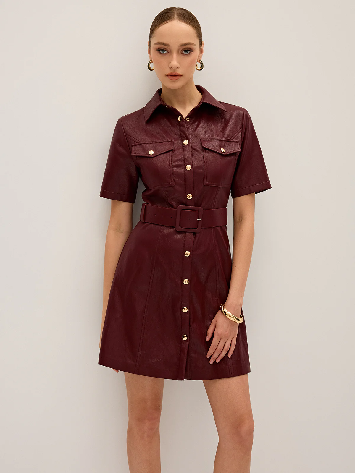 Shirt Collar Belted PU Leather Mini Dress - Wholesalesil