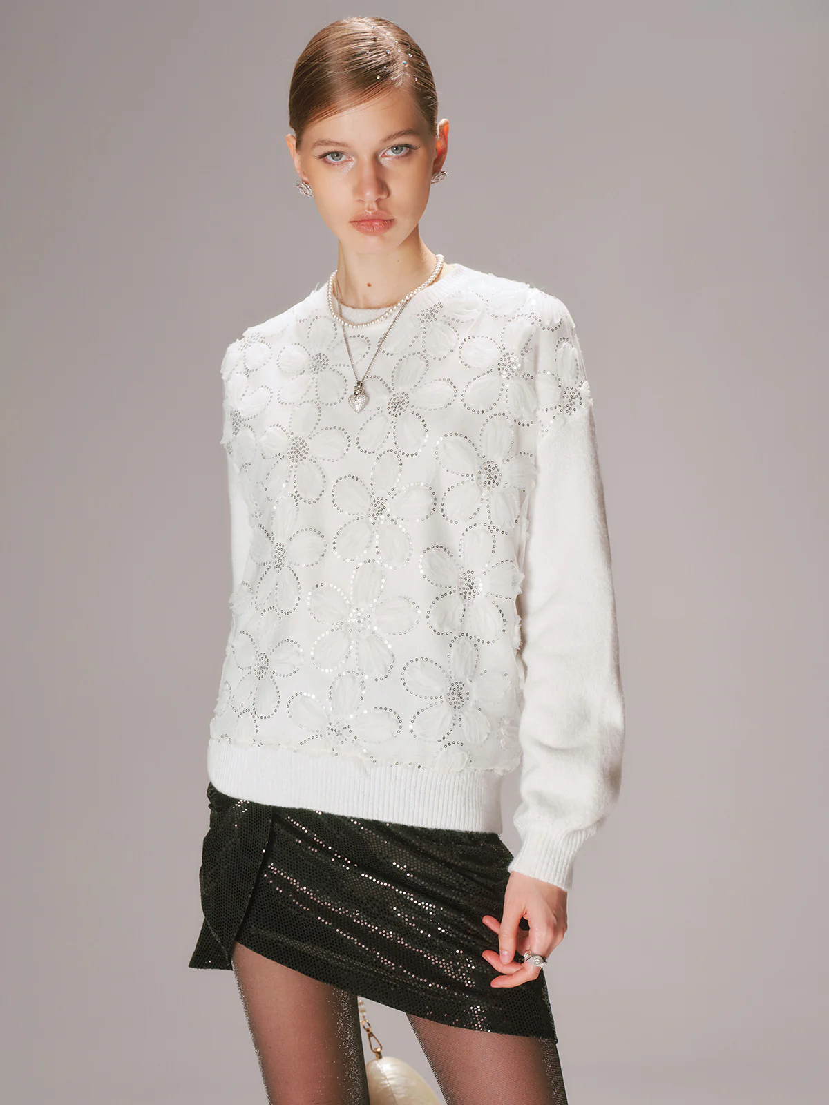 Floral Sequin Mesh Detail Sweater - Wholesalesil