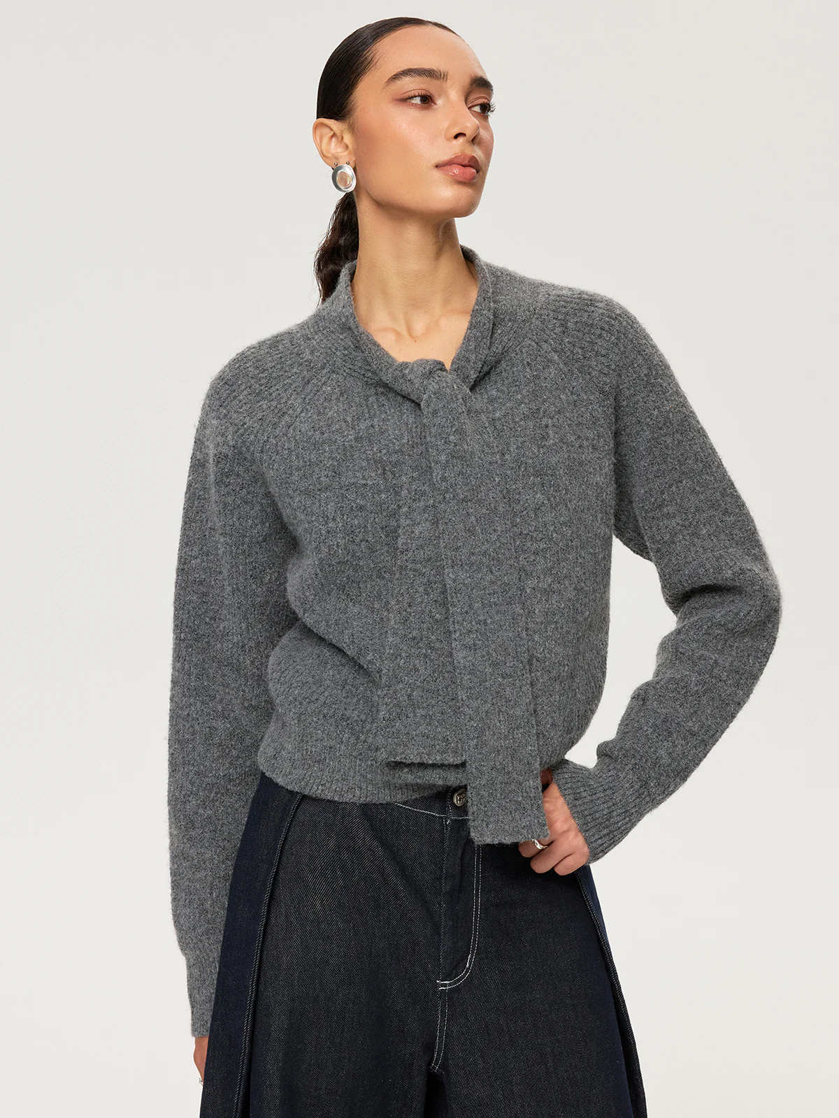 Tie-Neck Wool Blend Sweater - Wholesalesil