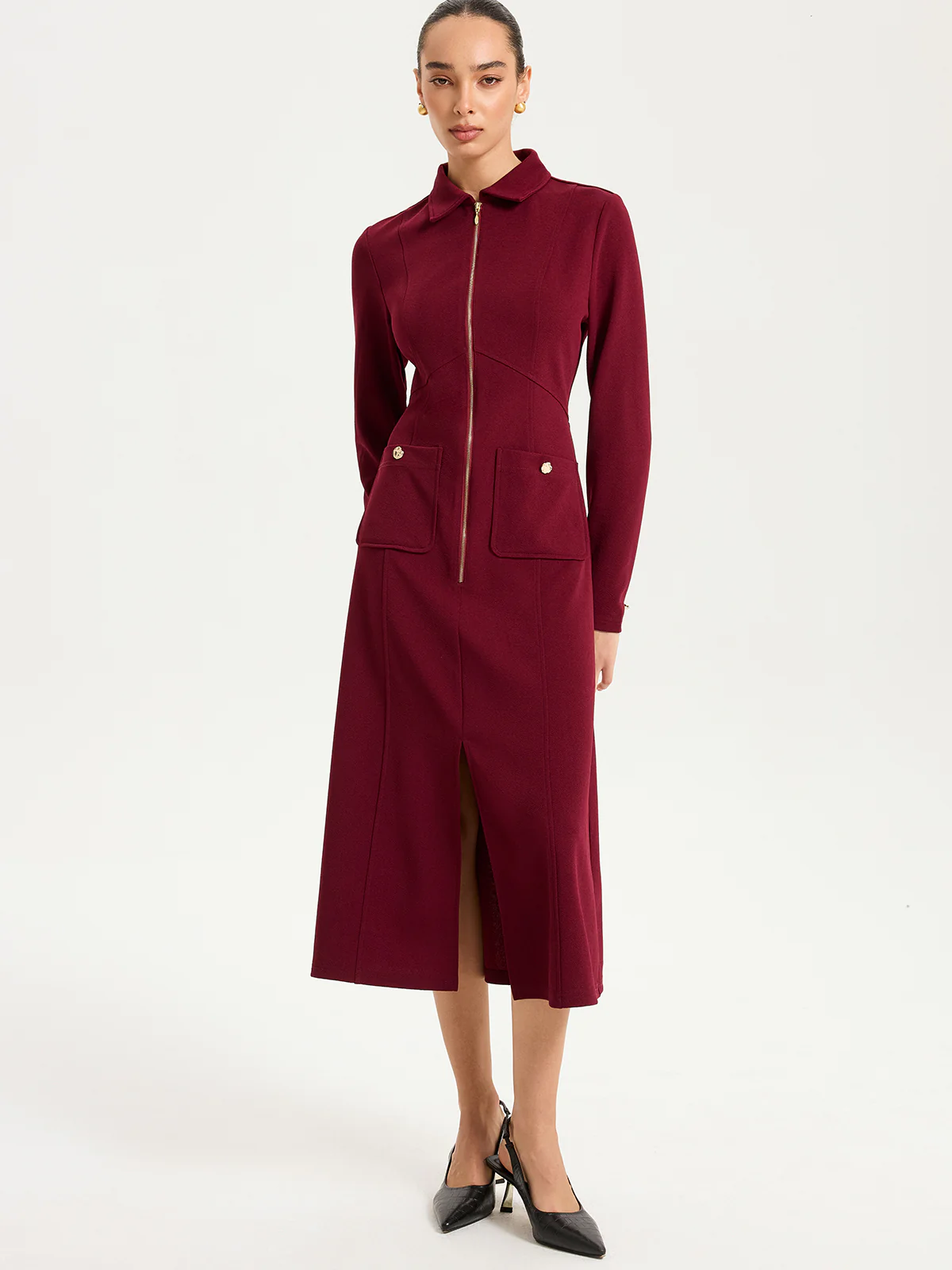 Collared Zipper Slit Midi Dress - Wholesalesil