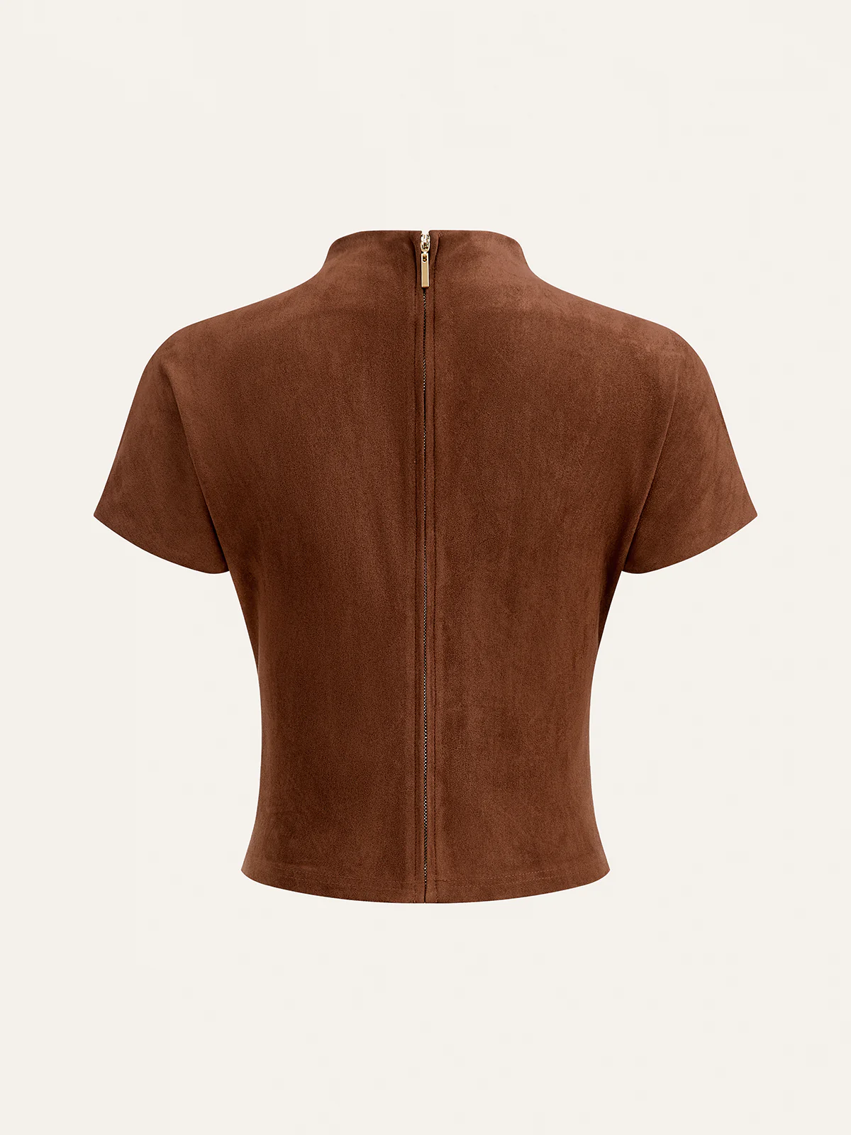 Suede Effect Back Zip Ruched Short-Sleeve Top - Wholesalesil
