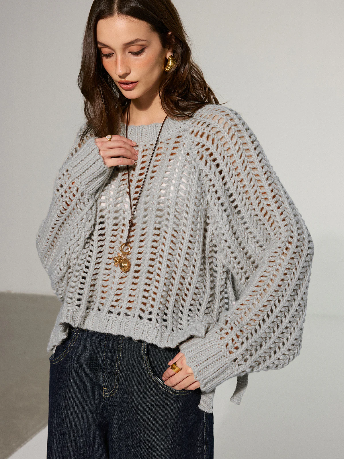 Side Tie Oversized Open-Knit Sweater - Wholesalesil