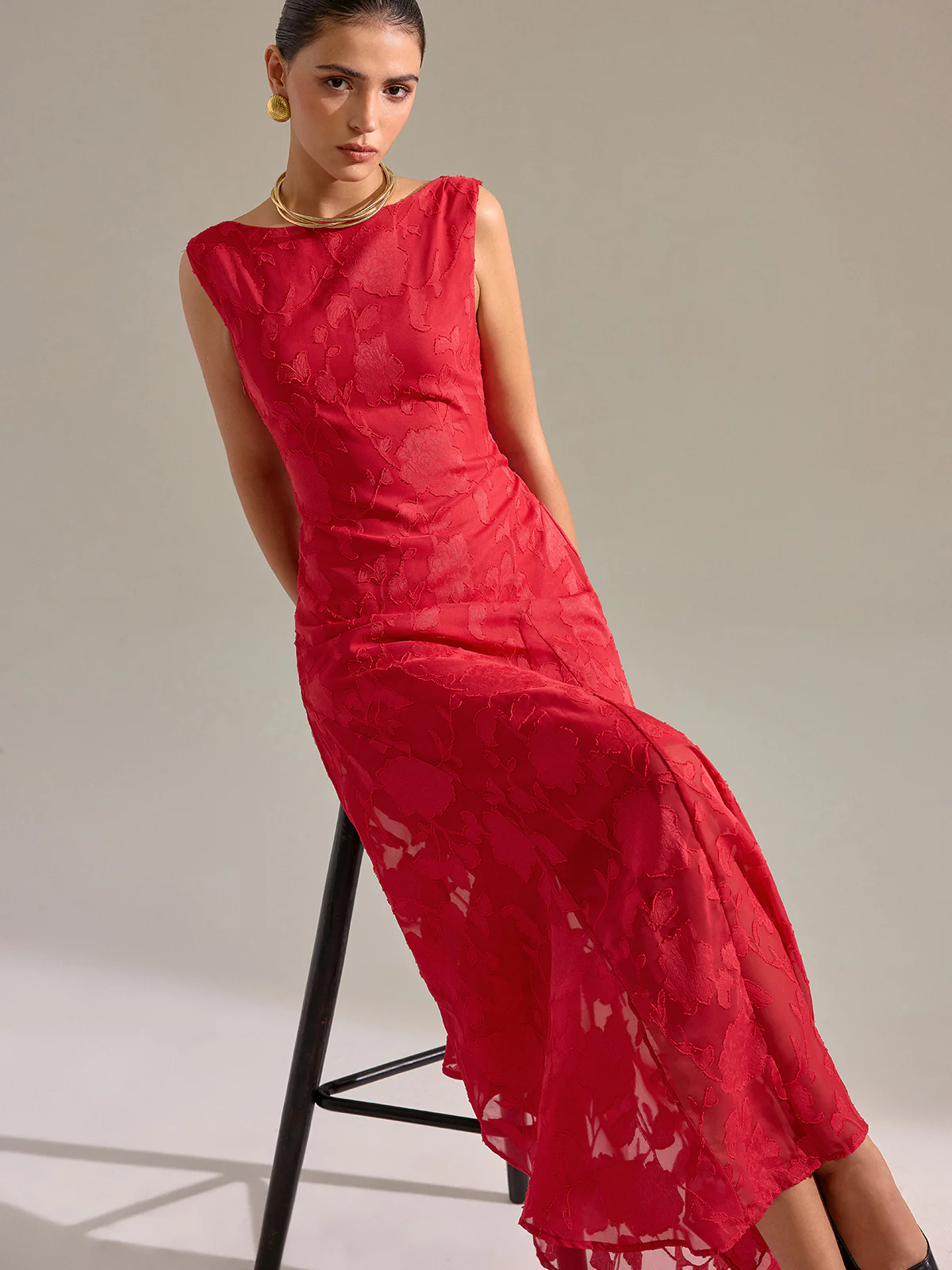 Floral Jacquard Sleeveless Maxi Dress - Wholesalesil