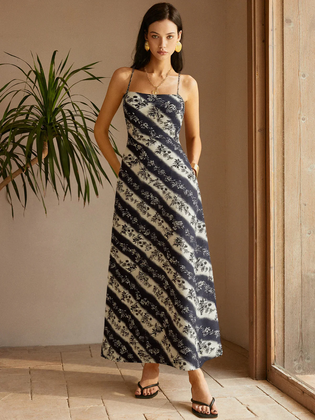 Floral Striped Criss-Cross Back Maxi Dress - Wholesalesil