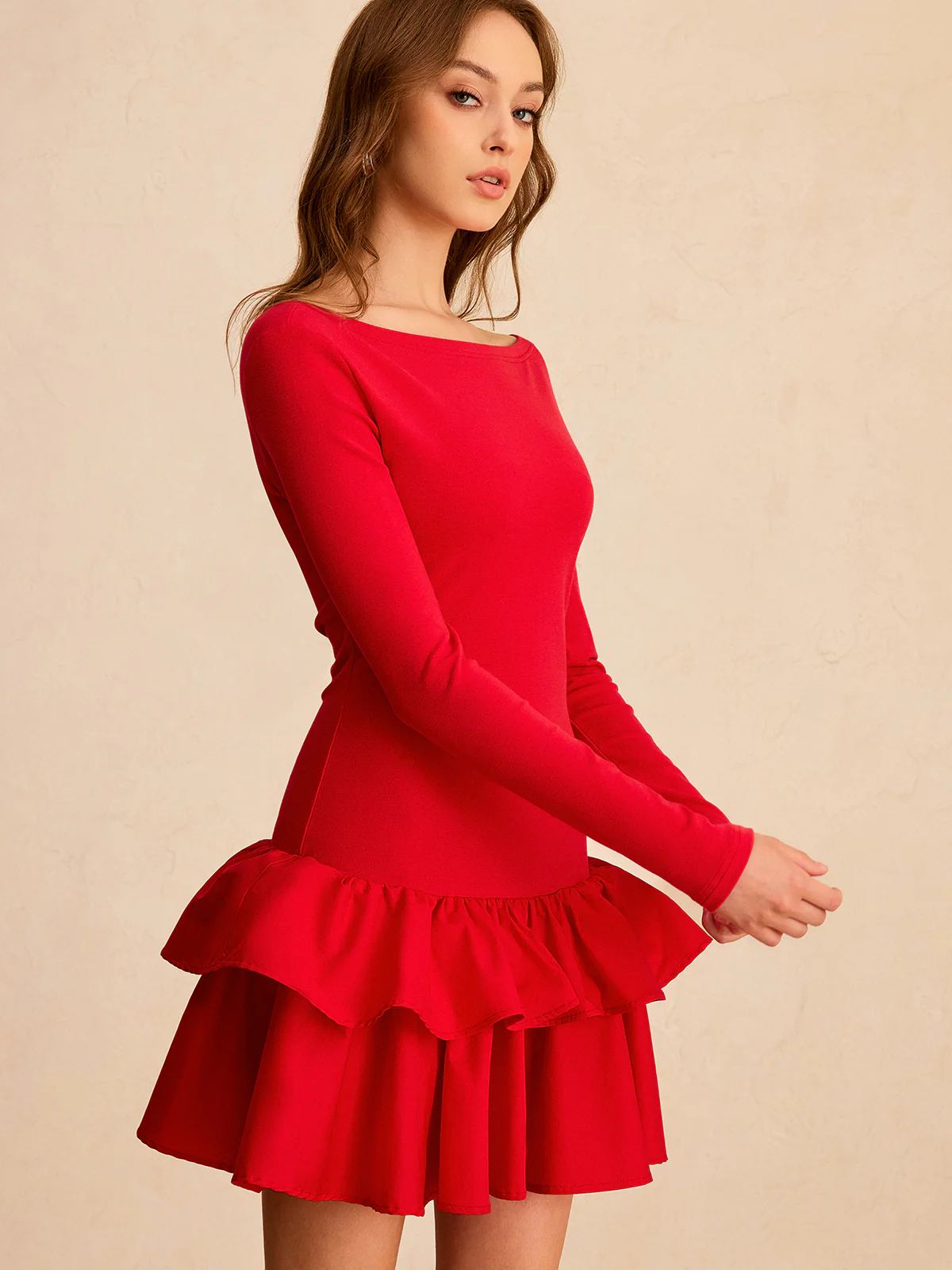 Long Sleeve Tiered Ruffle Mini Dress - Wholesalesil
