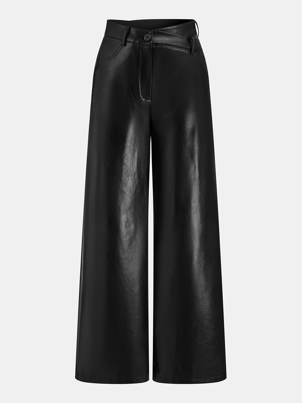 Asymmetric Waistband Faux Leather Pants - Wholesalesil