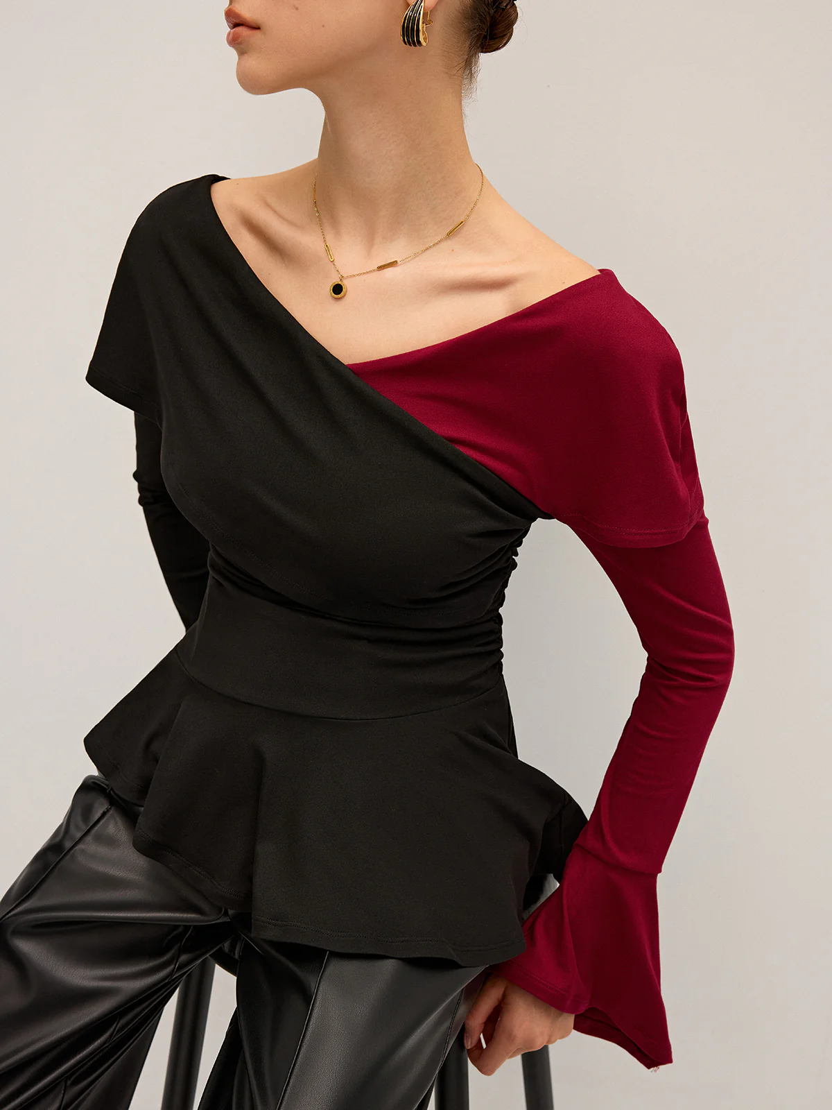 Two-Tone Asymmetric Peplum T-Shirt - Wholesalesil
