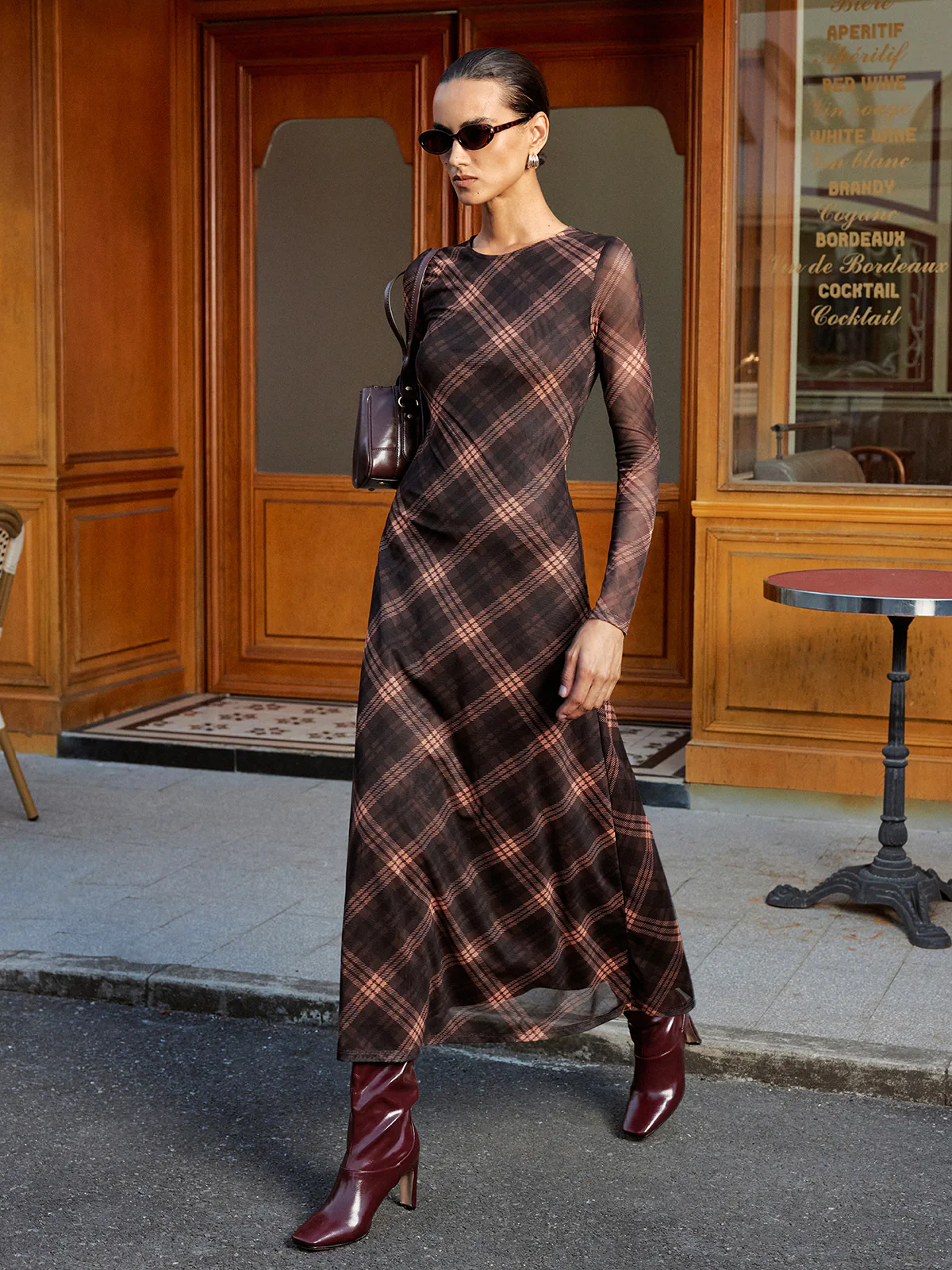Plaid Mesh Long Sleeve Maxi Dress - Wholesalesil
