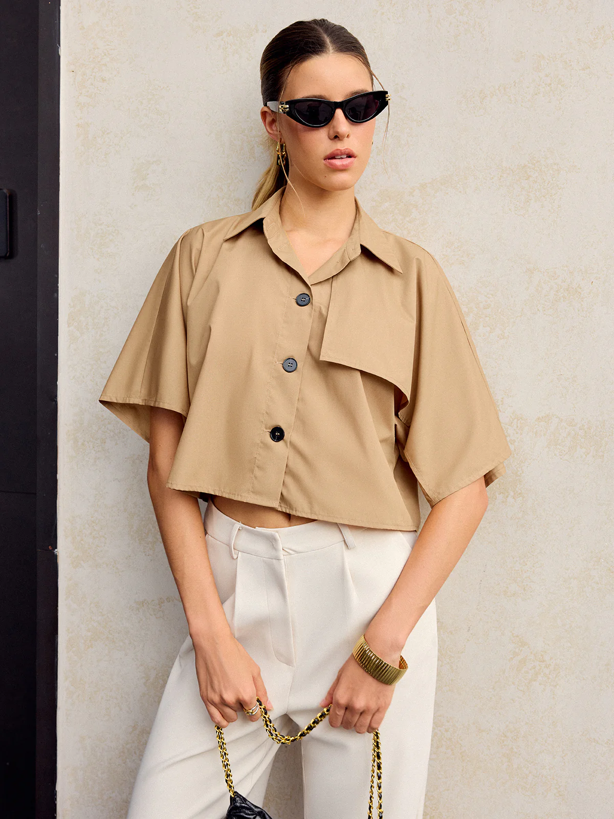 Asymmetric Cropped Shirt with Button Front - Wholesalesil