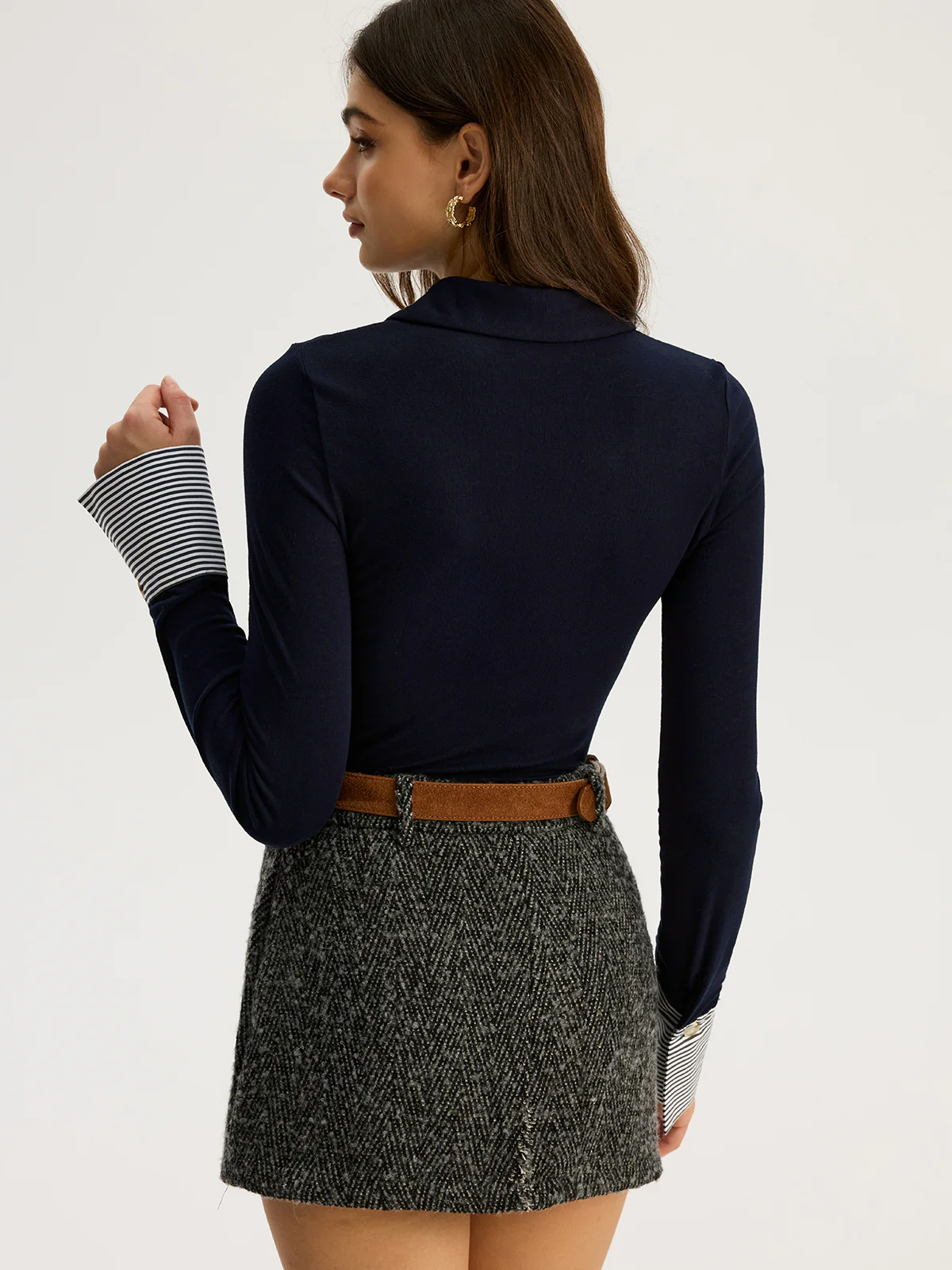 Asymmetric Button Striped Cuff Polo Top - Wholesalesil