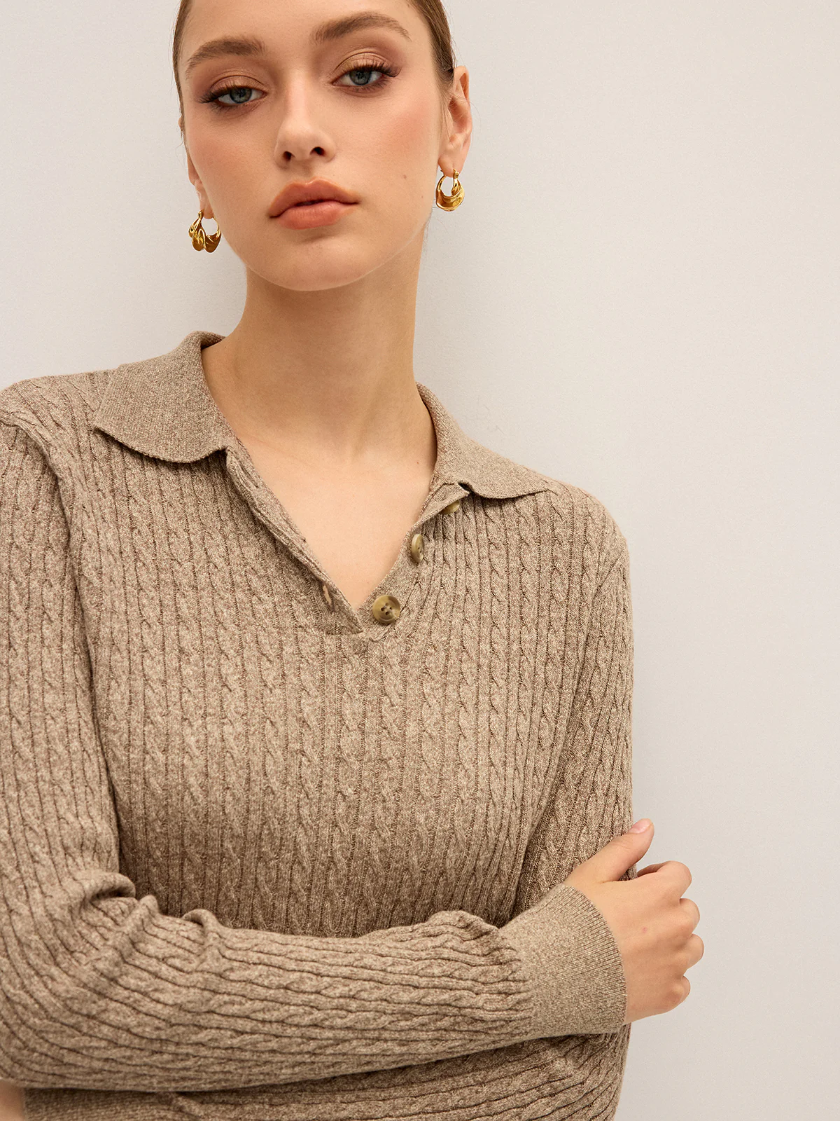 Cable Knit Cotton Collar Sweater - Wholesalesil