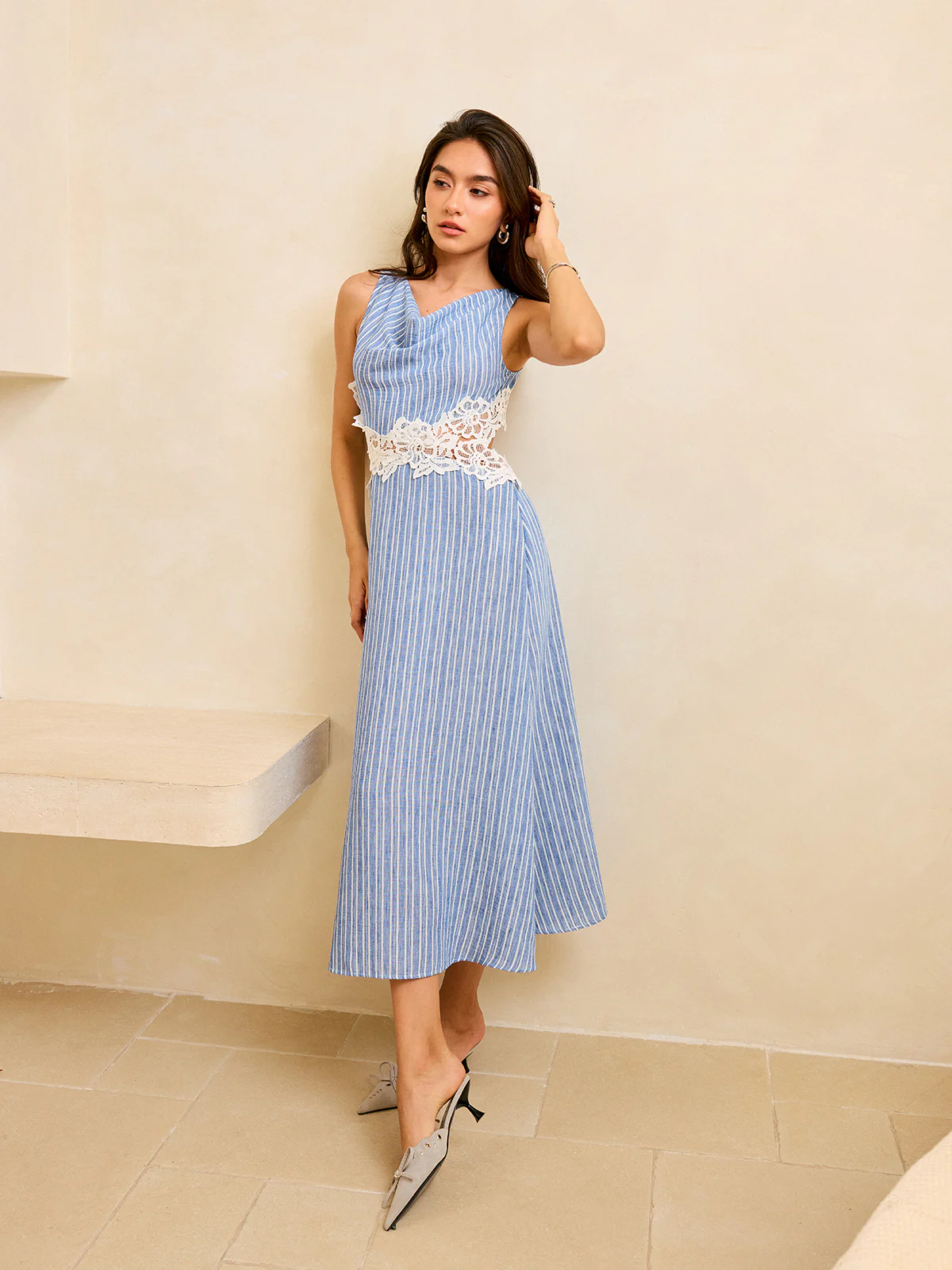 Striped Backless Dress with Lace Detail - Wholesalesil