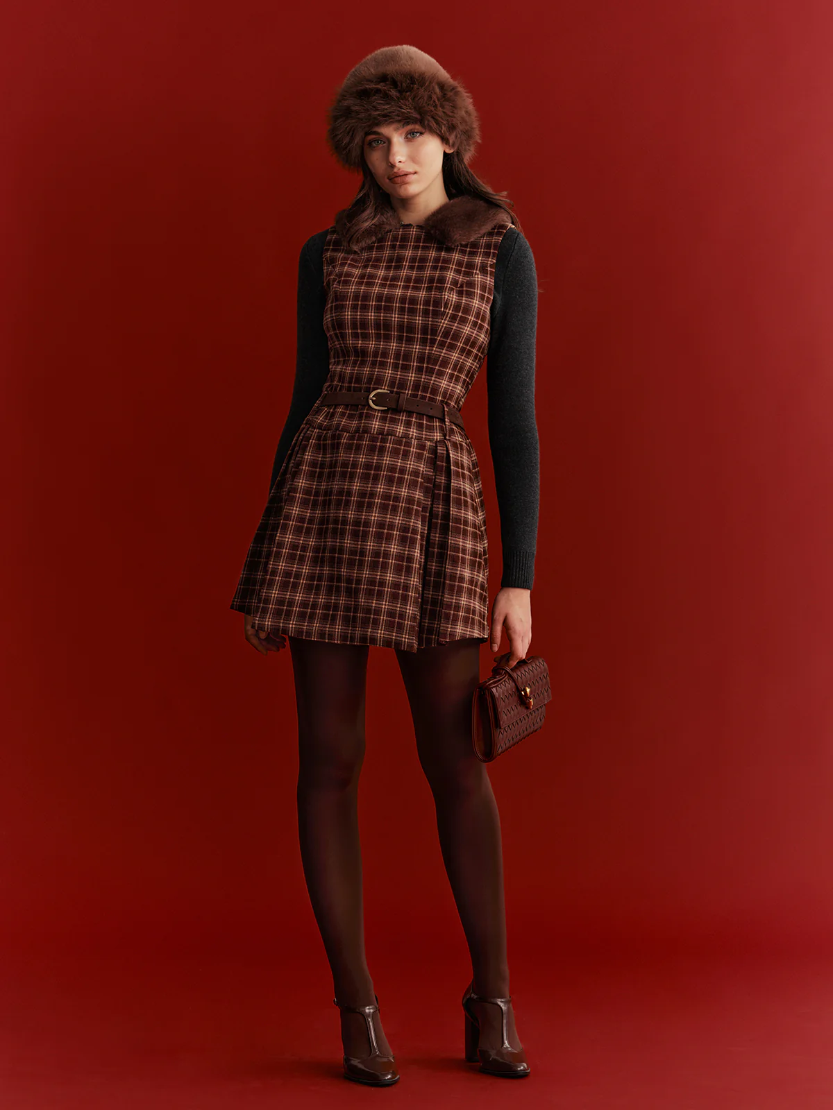 Belted Plaid Sleeveless Mini Dress - Wholesalesil