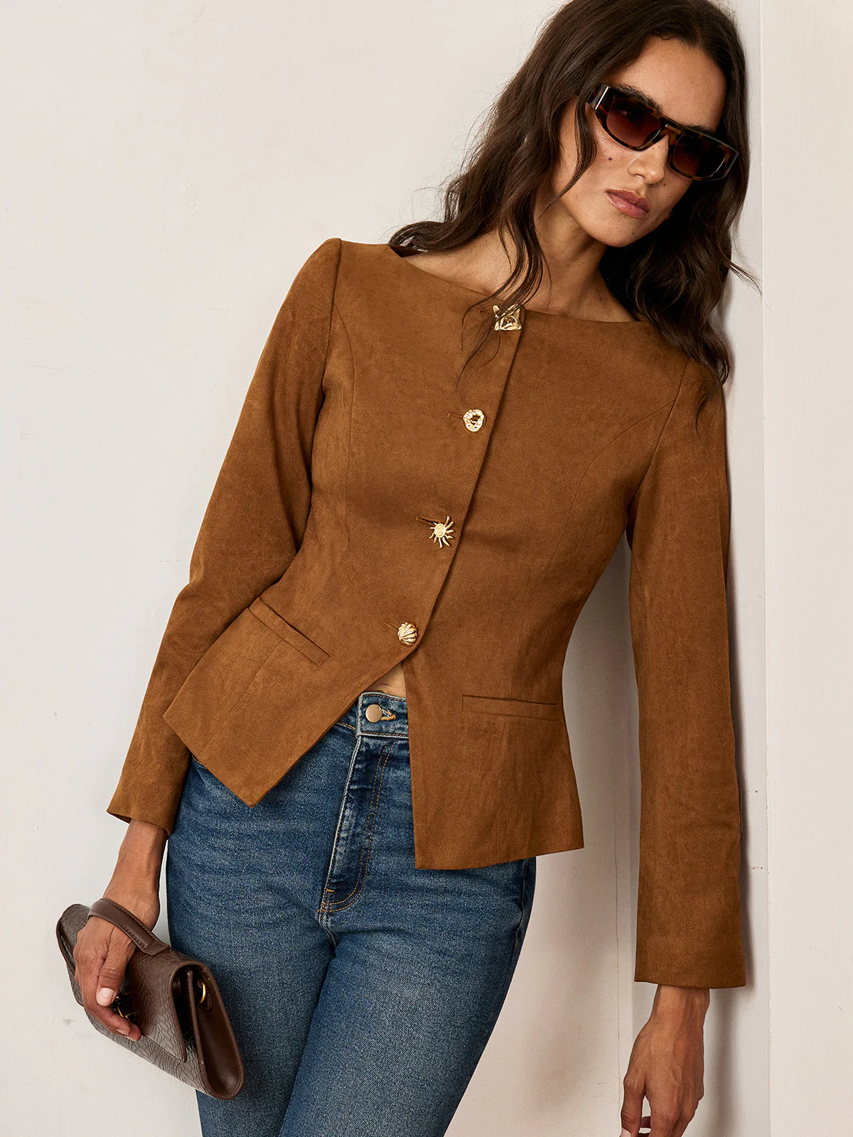 Suede Effect Fitted Metal Button Jacket - Wholesalesil