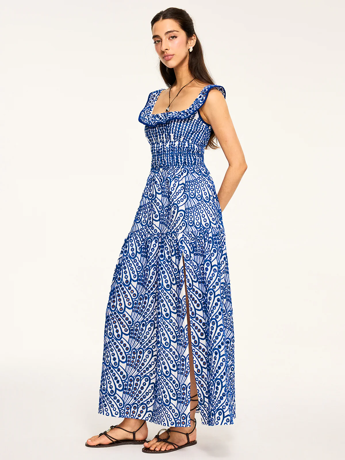 Semi-Sheer Embroidered Maxi Dress with Ruffled Trim - Wholesalesil