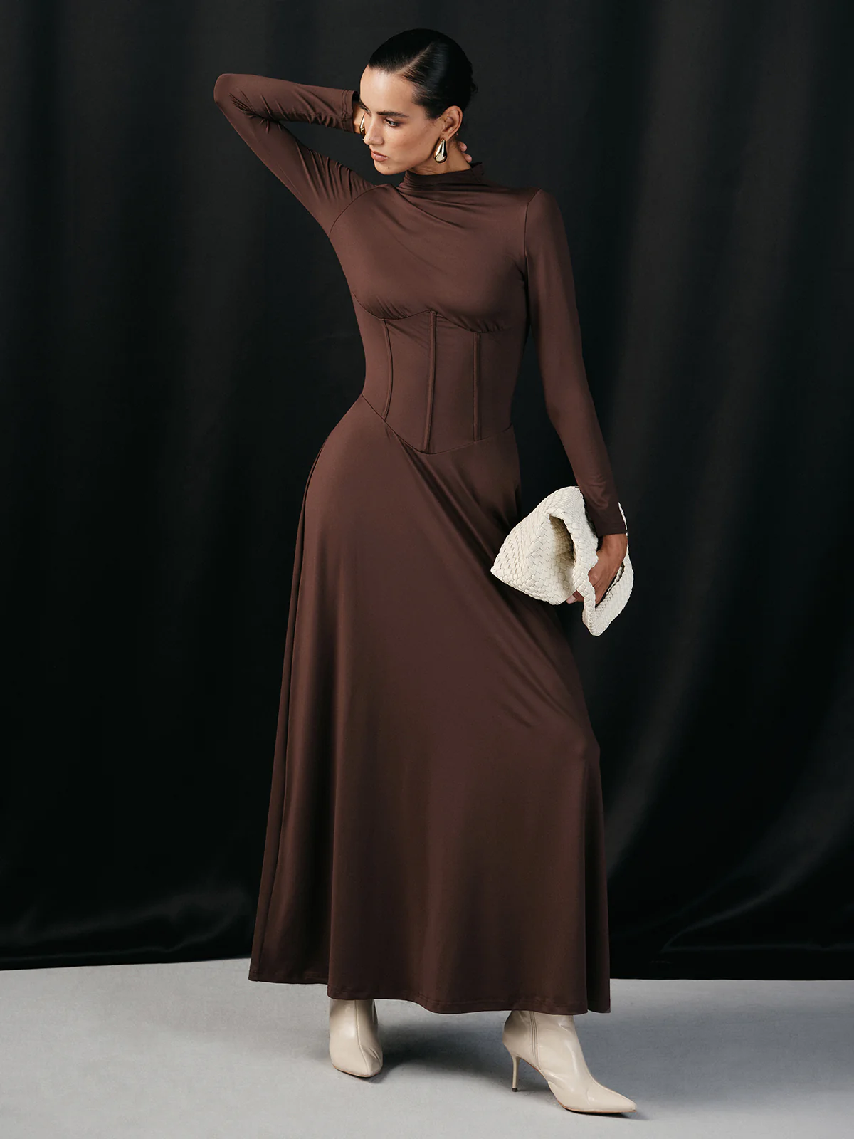 Mock Neck Corset Waist Long Sleeve Maxi Dress - Wholesalesil