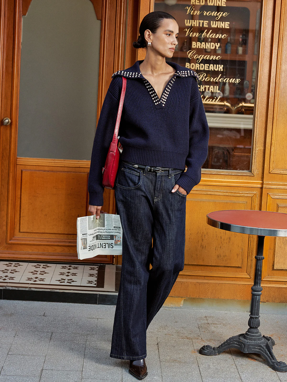 Studded Collar Wool Blend V-Neck Sweater - Wholesalesil