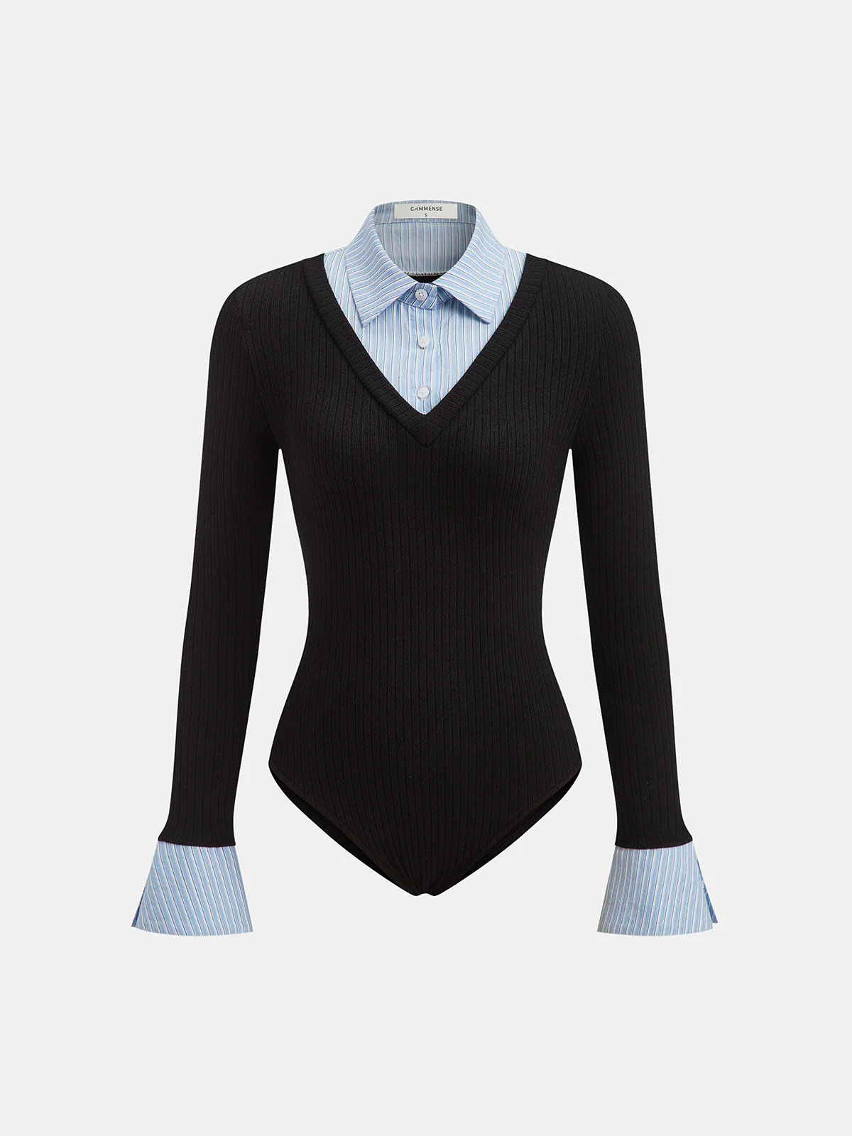 2 in 1 Striped Shirt Panel Ribbed Bodysuit - Wholesalesil