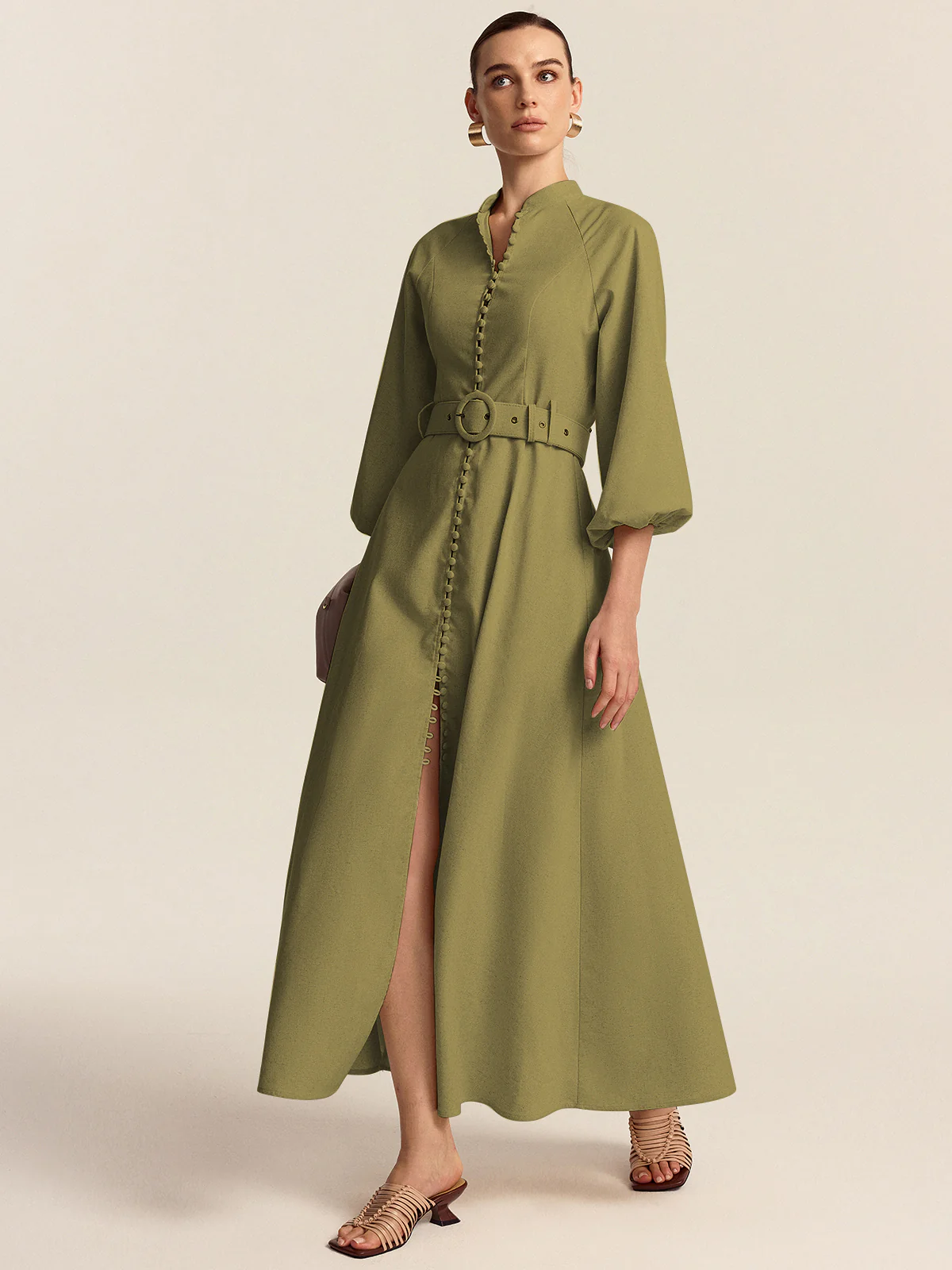 Belted Button Front Maxi Dress - Wholesalesil