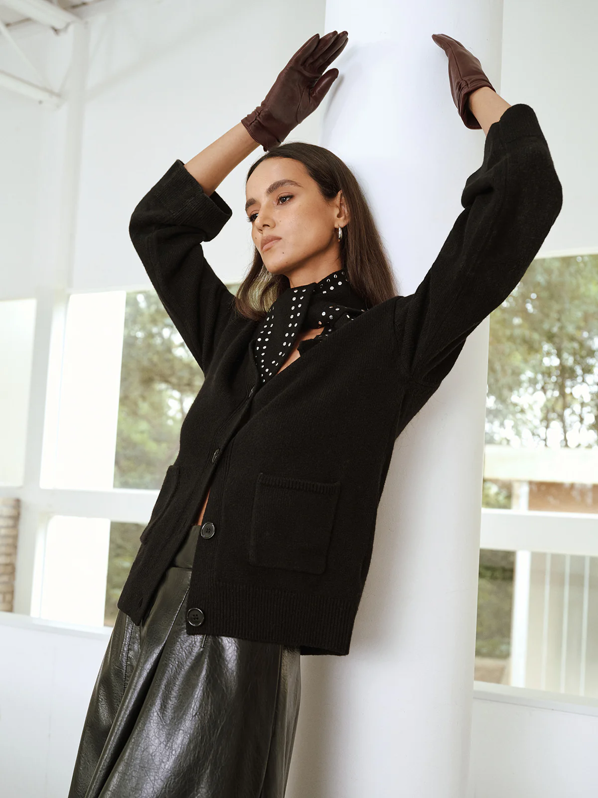 Wool Blend V-Neck Cardigan with Studded Scarf - Wholesalesil