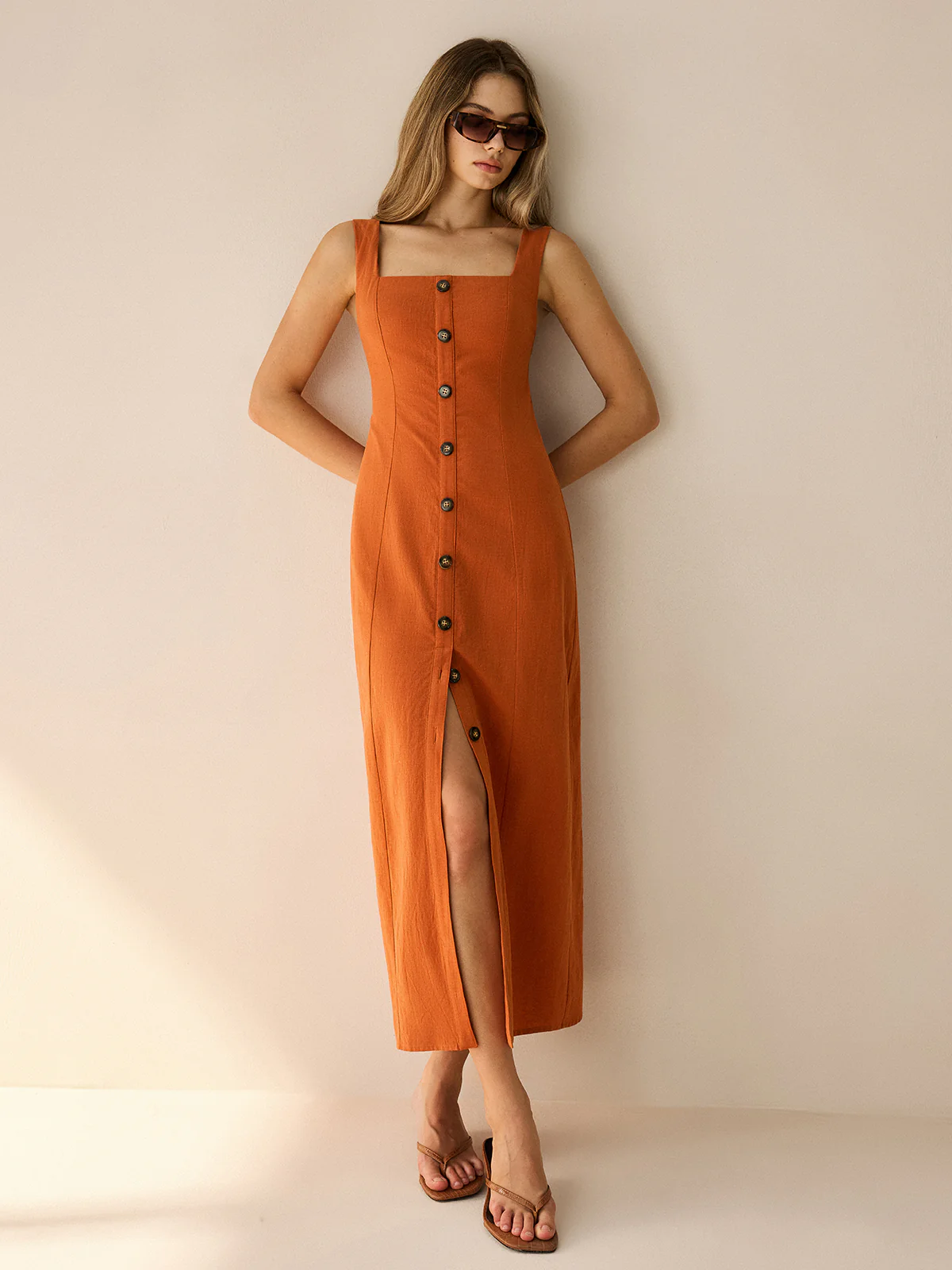 Square-Neck Button-Front Maxi Dress with Slit - Wholesalesil