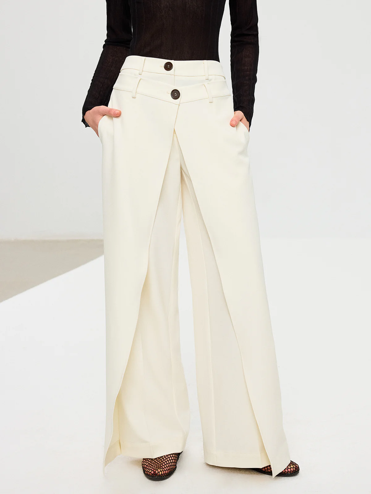 Double Waistband Layered Wide-Leg Pants - Wholesalesil