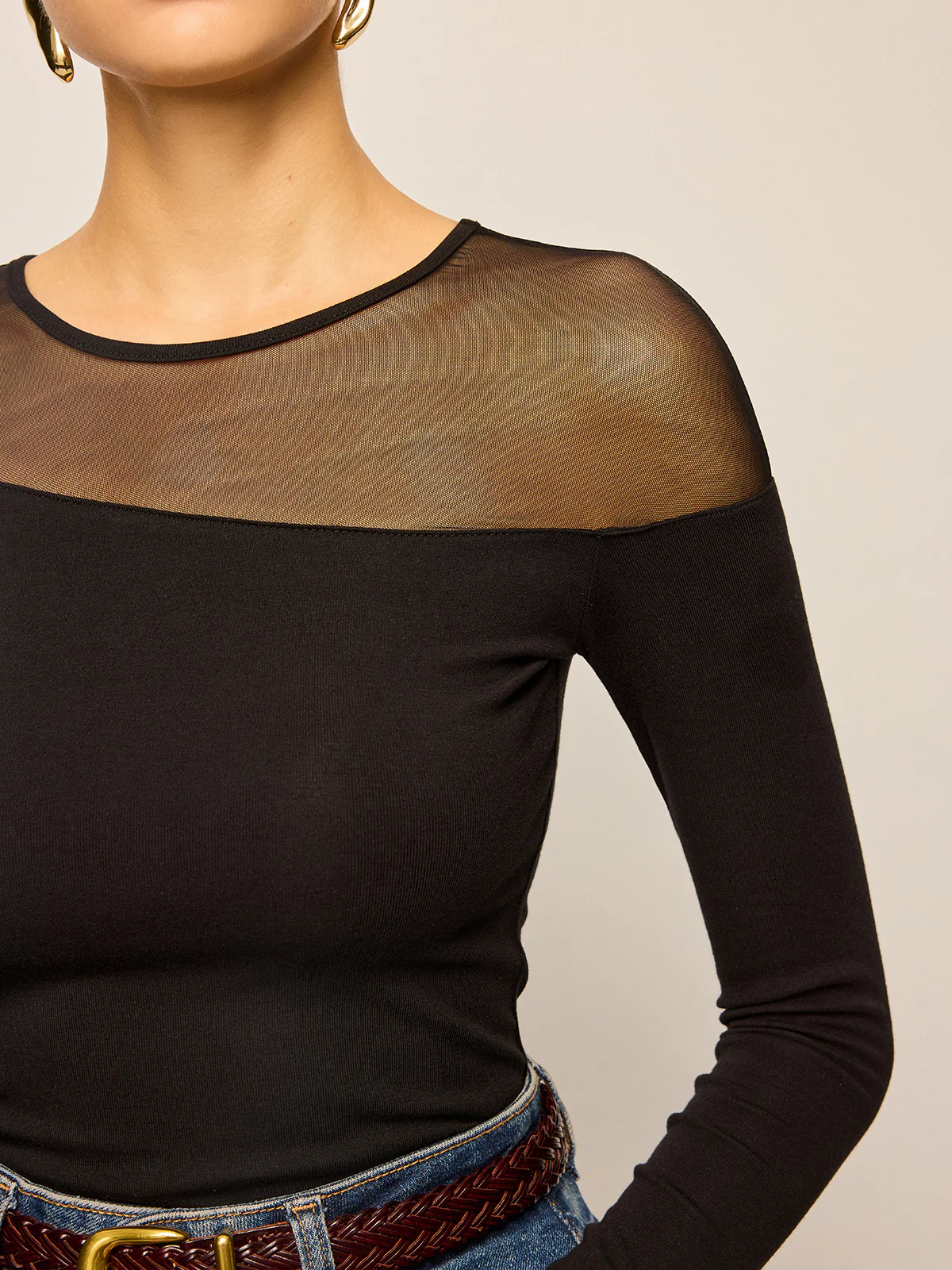 Sheer-Paneled Long-Sleeve Top - Wholesalesil