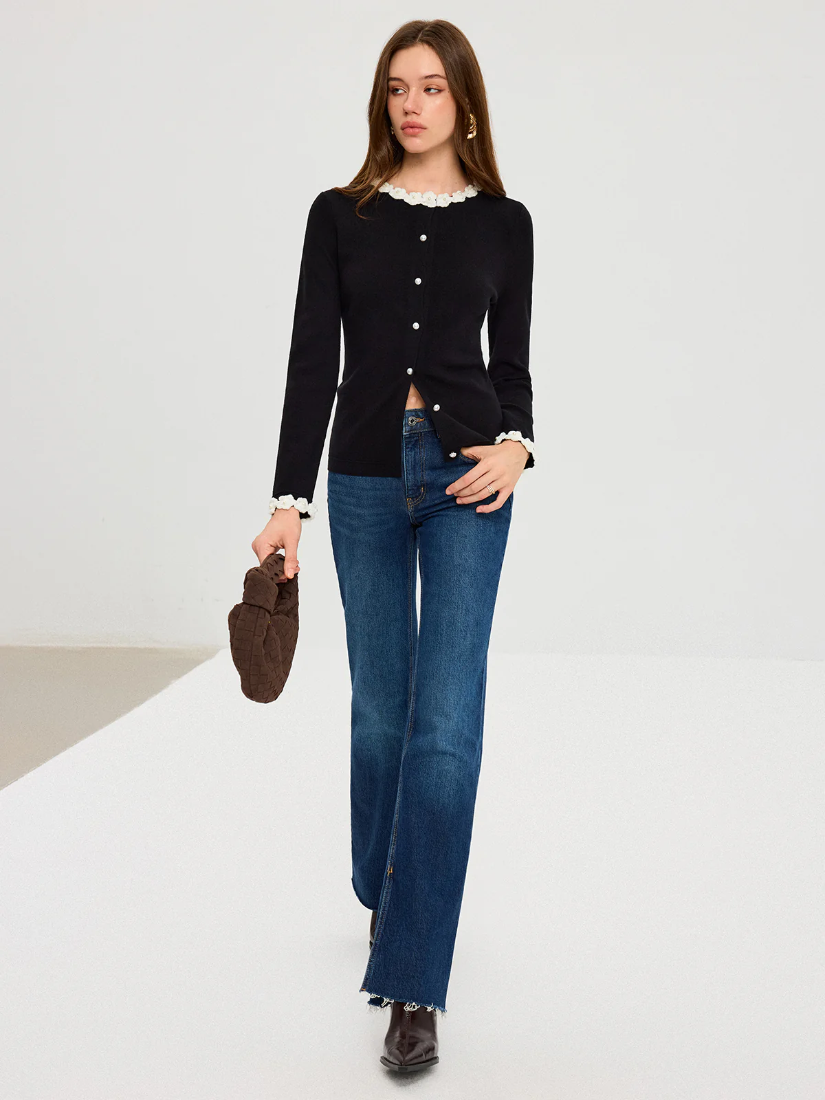 3D Floral Trim Pearl Button Cardigan - Wholesalesil