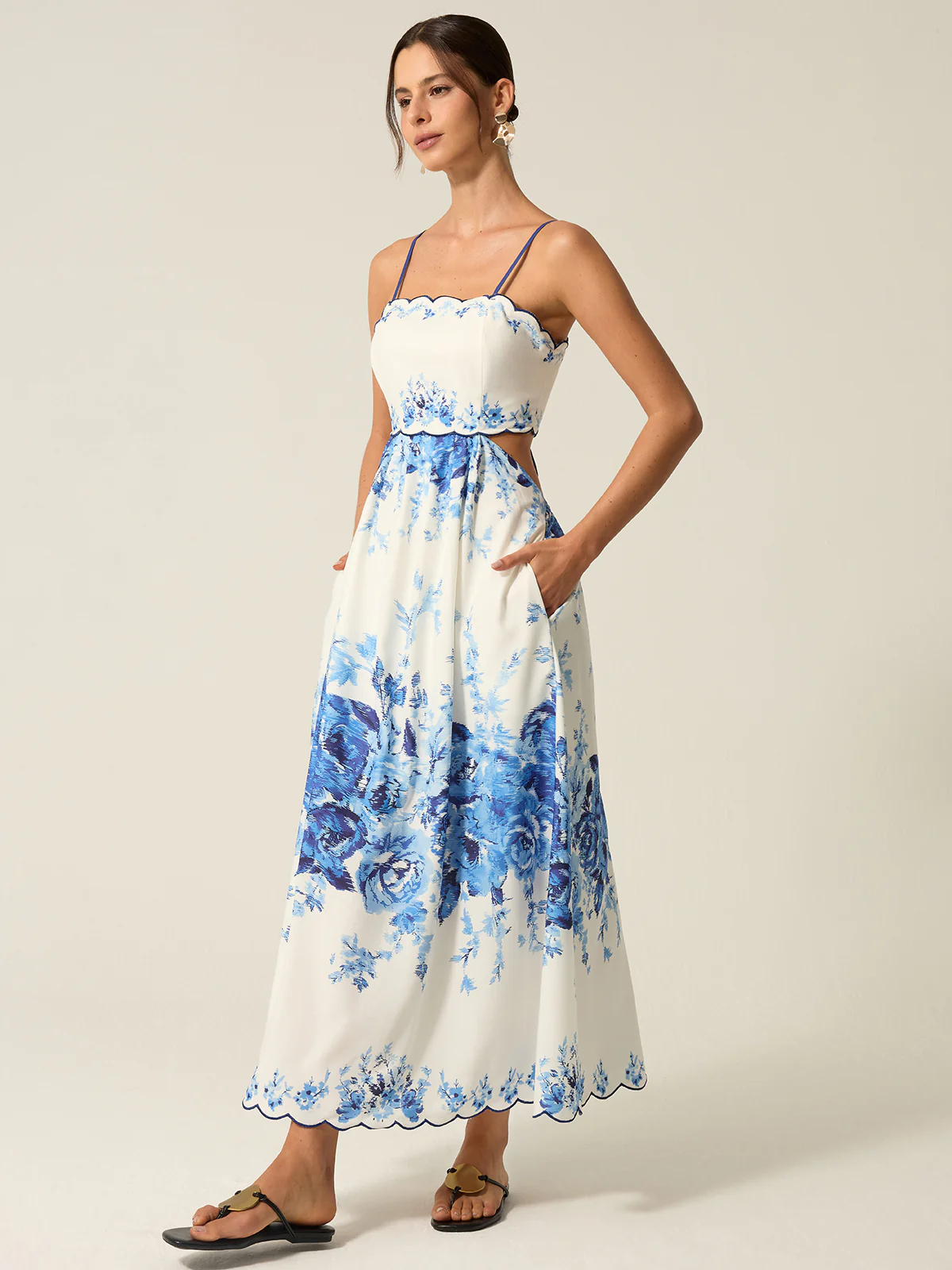 Pocketed Floral Print Cut-Out Maxi Dress - Wholesalesil