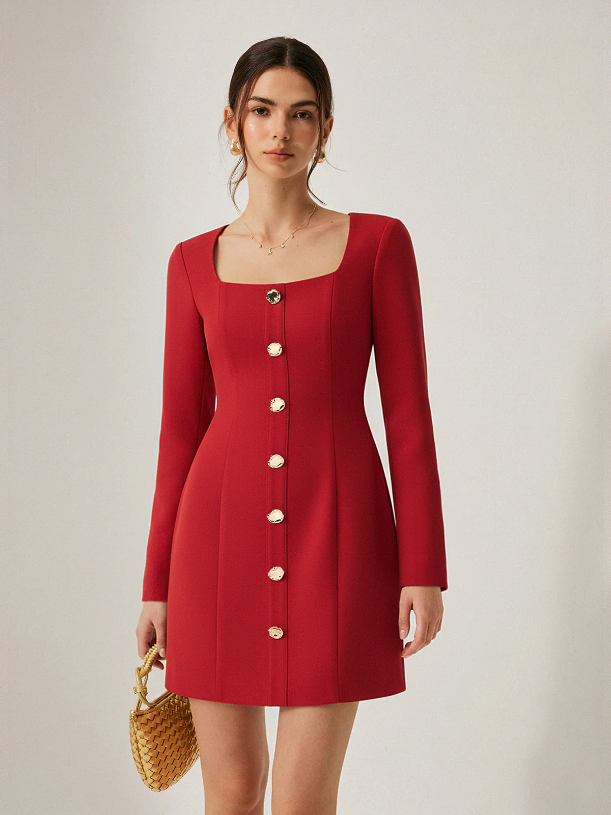 Square Neck Button Front Mini Dress - Wholesalesil