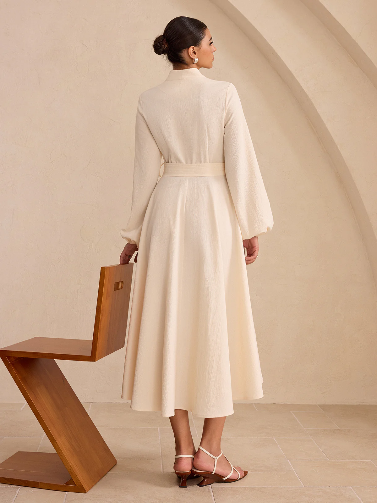 Belted Button-Front Long-Sleeve Midi Dress - Wholesalesil