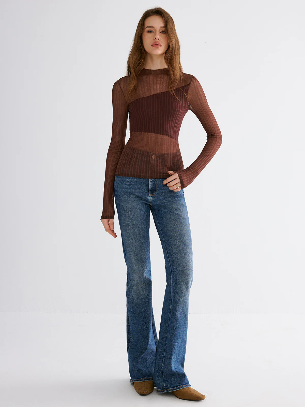 Mock Neck Contrast Mesh Top - Wholesalesil