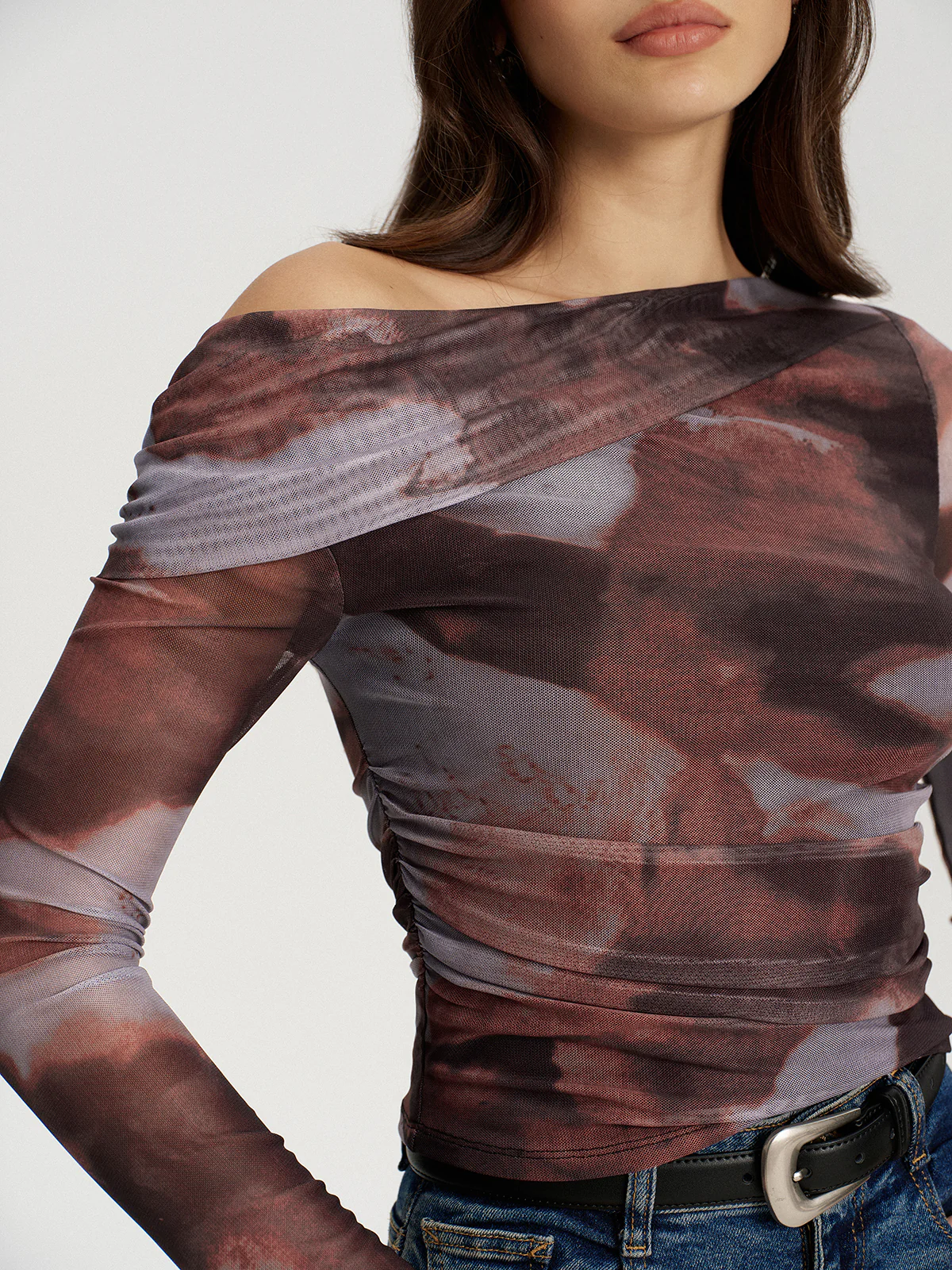 One Shoulder Abstract Print Mesh Ruched Top - Wholesalesil