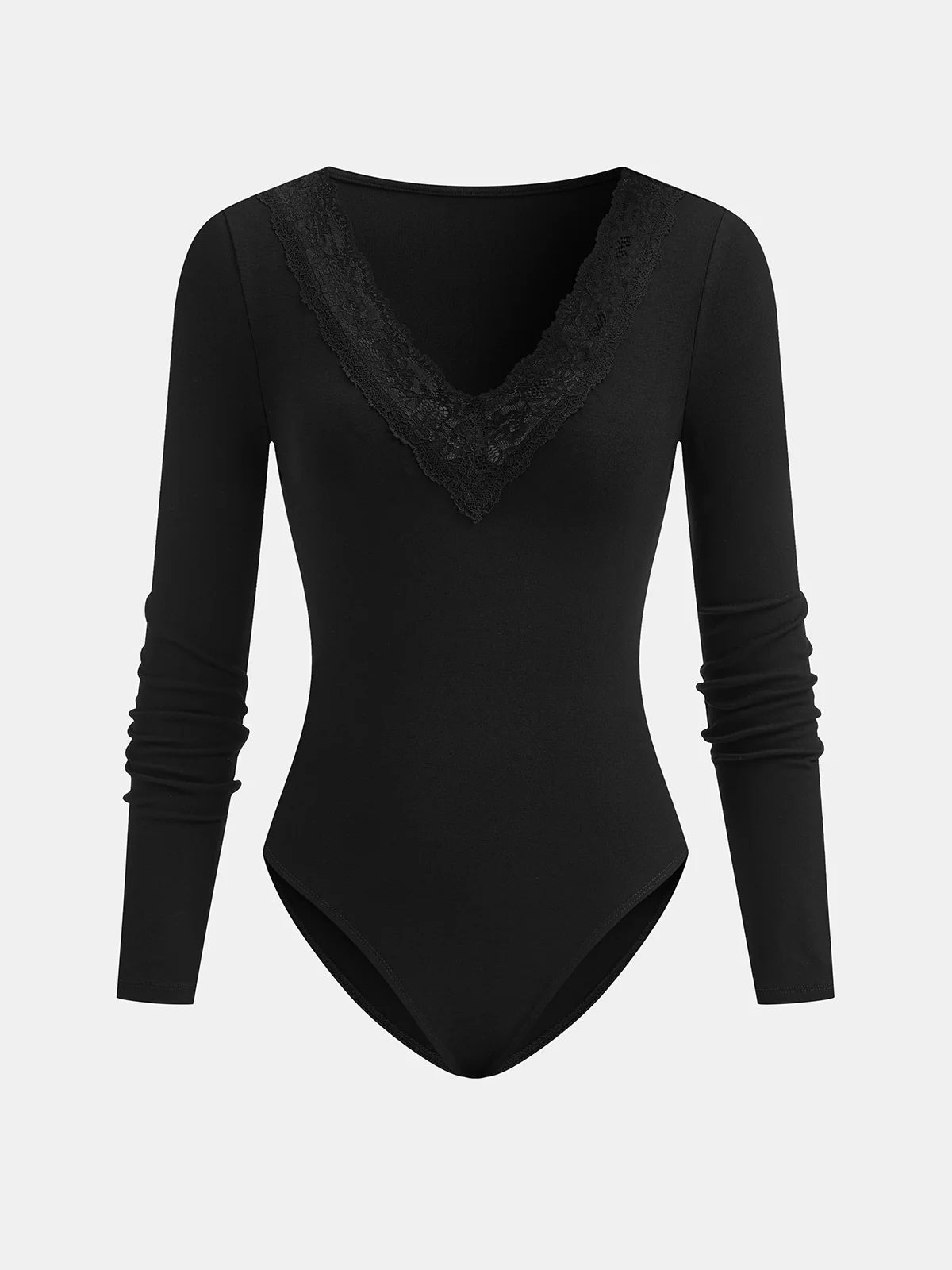 V-Neck Lace Trim Long Sleeve Bodysuit - Wholesalesil