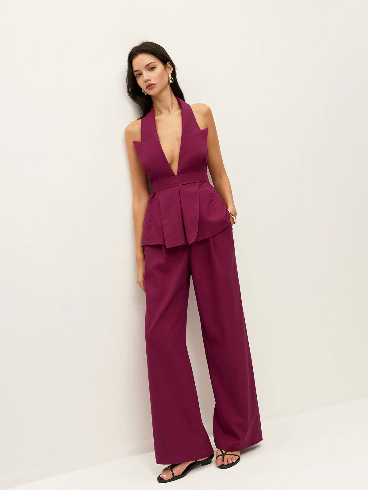 Halter Neck Belted Pocketed Pants Set - Wholesalesil