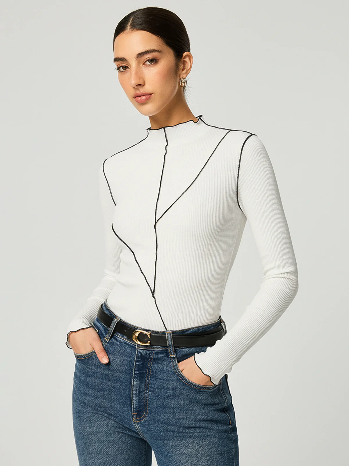 Contrast Stitch Round Neck Long-sleeve Top - Wholesalesil