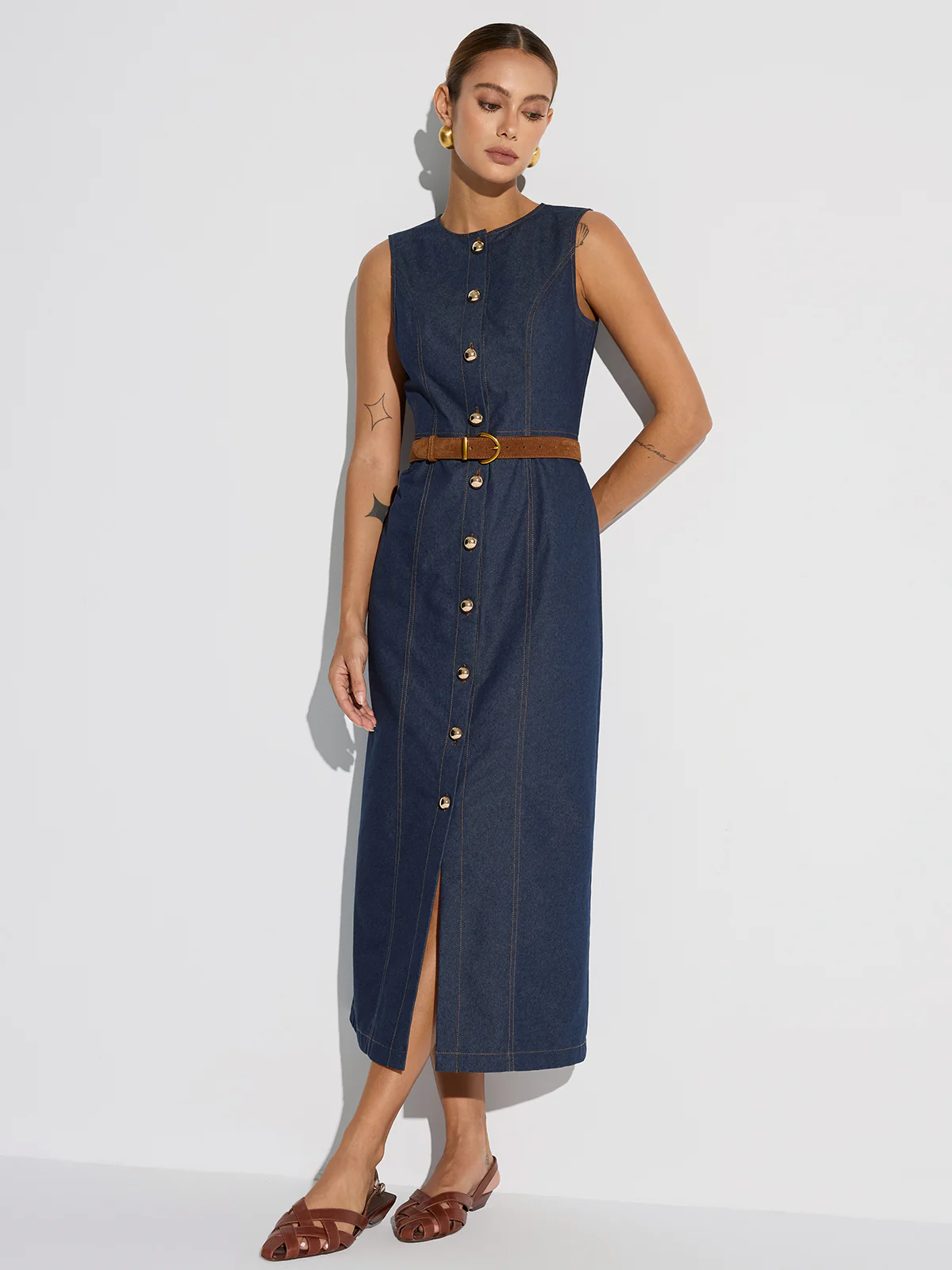 Button-Front Sleeveless Denim Maxi Dress - Wholesalesil