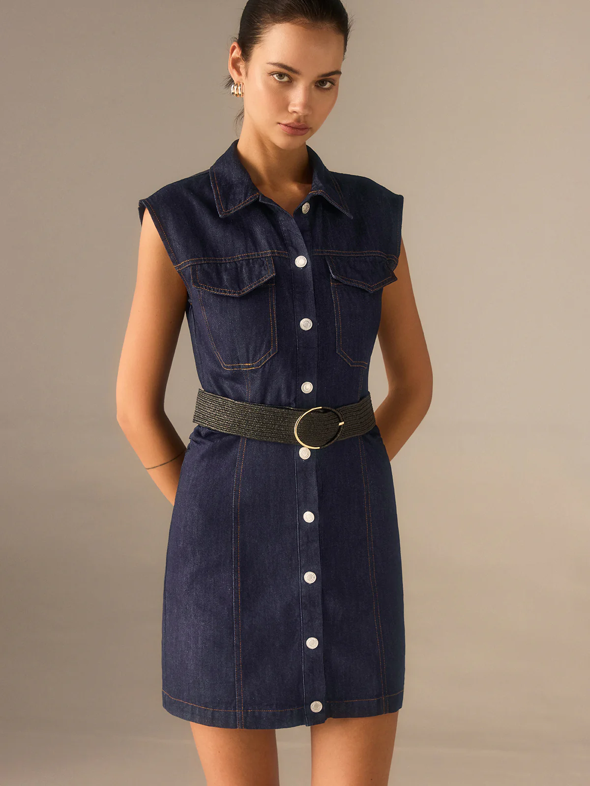 Denim Button-Front Collared Sleeveless Dress Without Belted - Wholesalesil