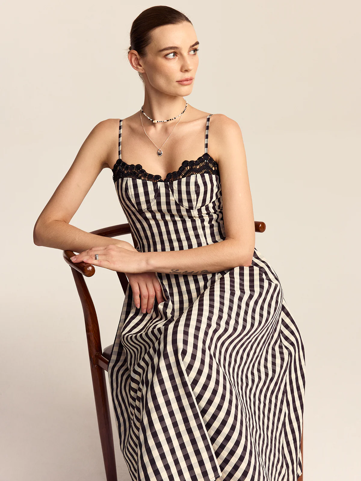 Gingham Spaghetti Strap Midi Dress with Lace Trim - Wholesalesil