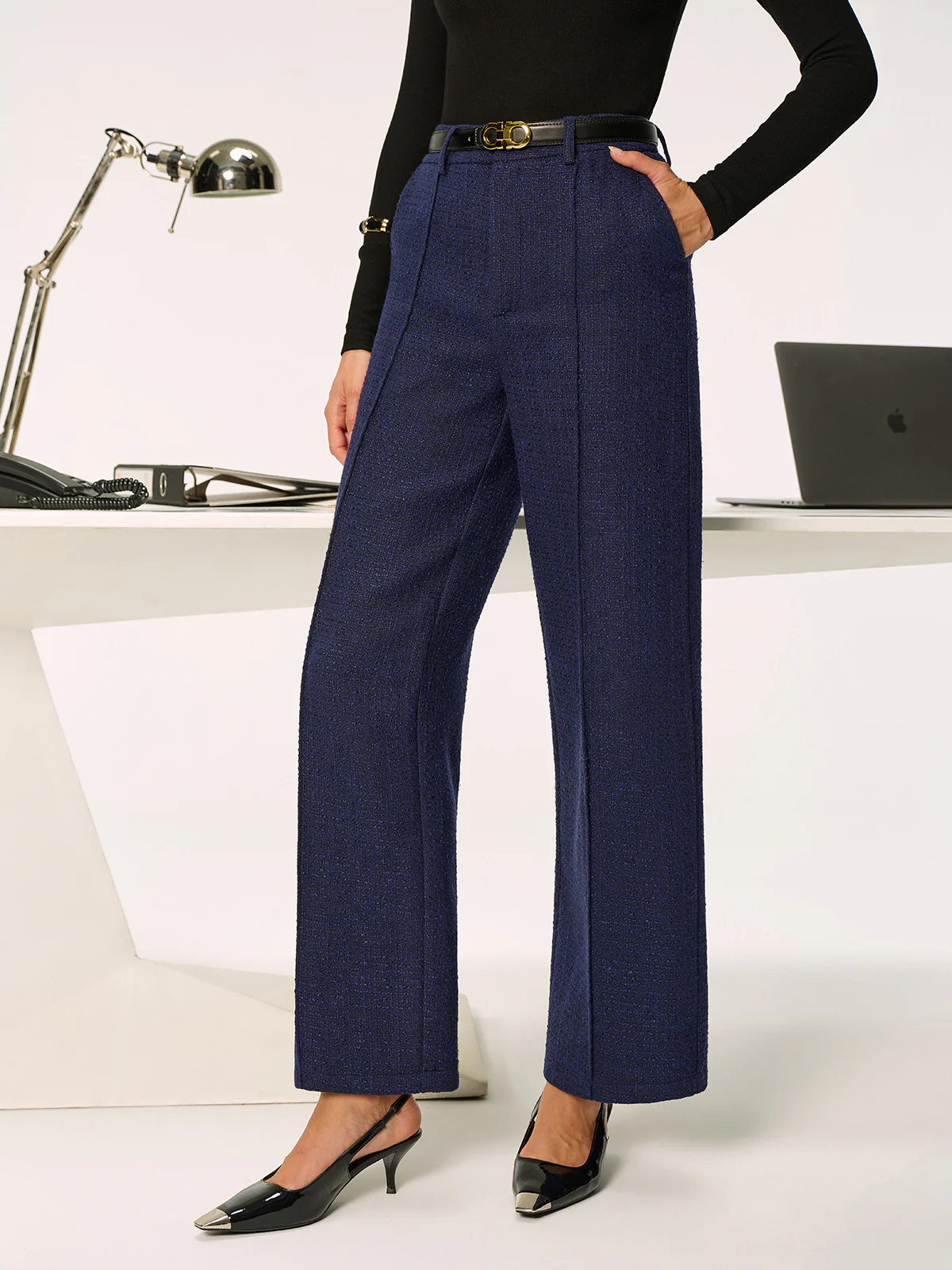 Mid-Waist Tweed Straight-Leg Pants - Wholesalesil