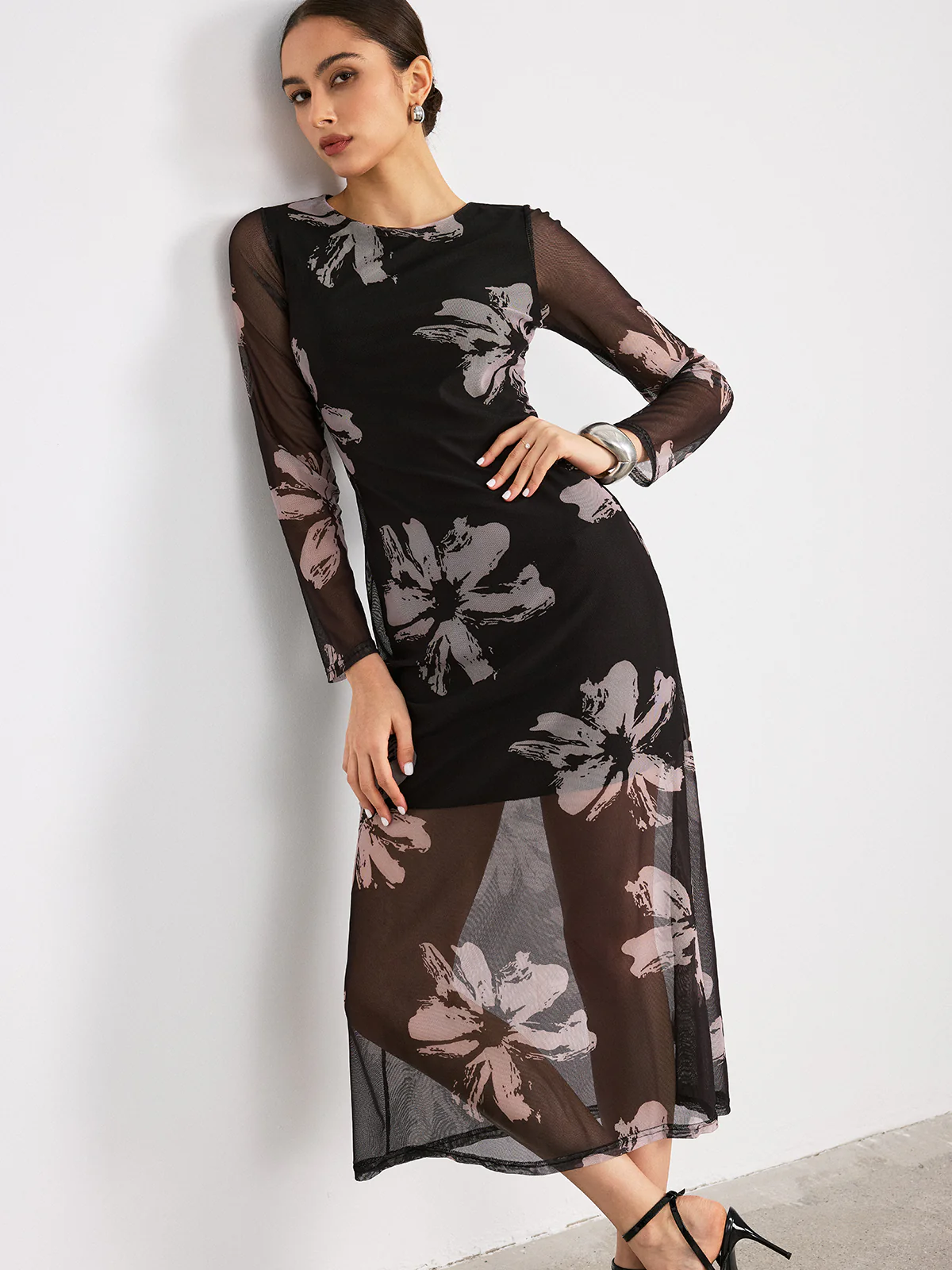 Floral Print Long Sleeve Maxi Dress - Wholesalesil