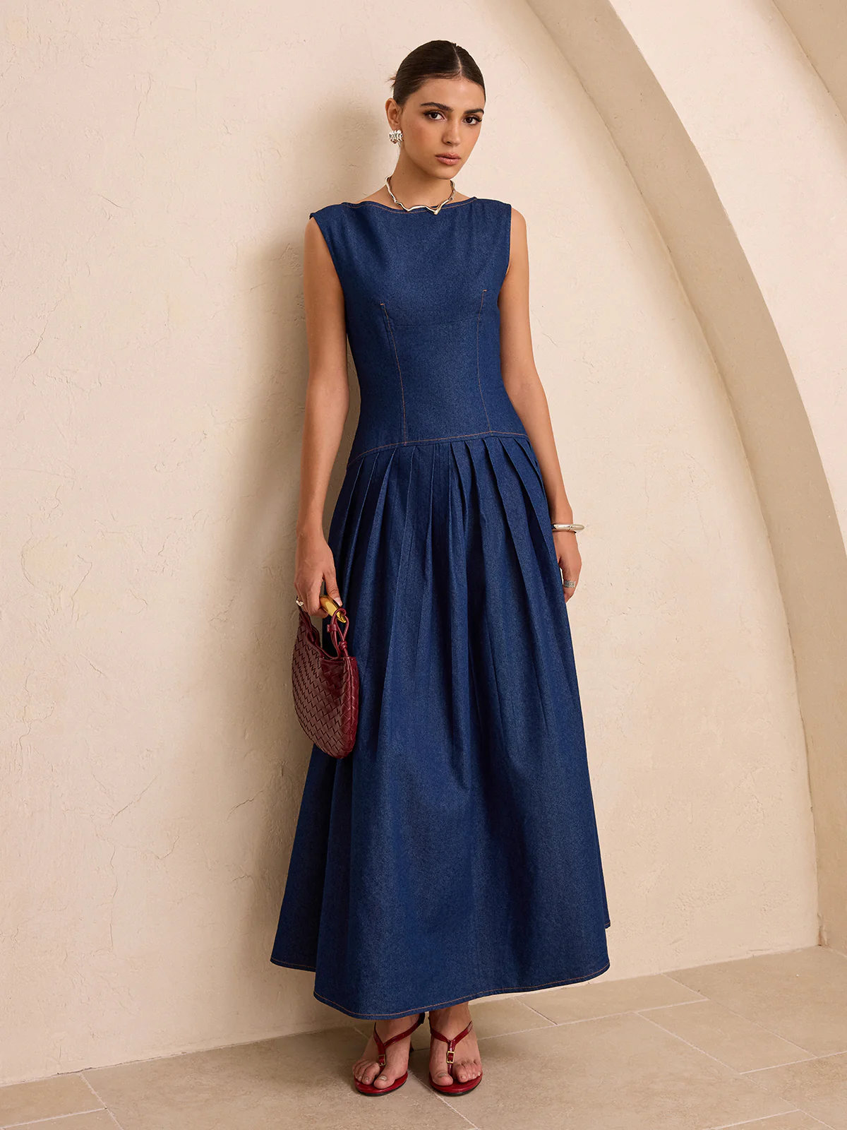 Faux Denim Sleeveless Pleated Maxi Dress - Wholesalesil
