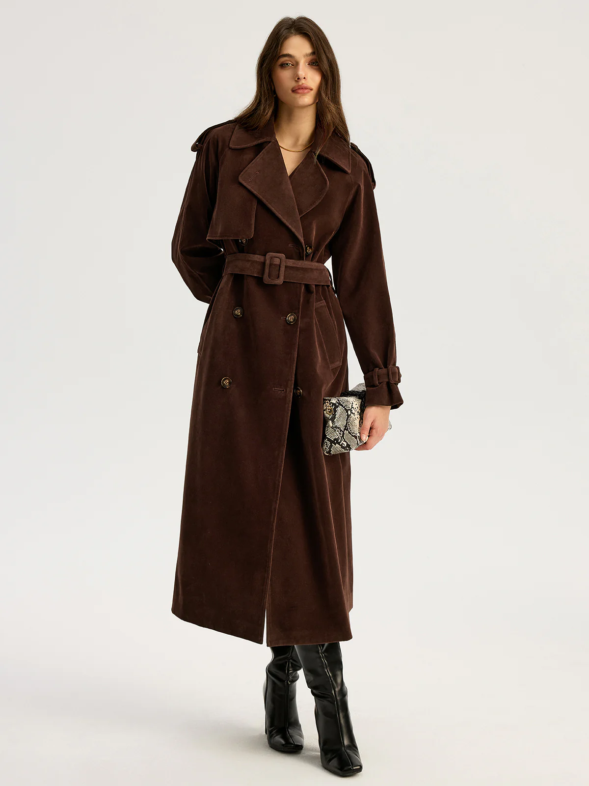 Belted Double-Breasted Suede Effect Long Trench Coat - Wholesalesil