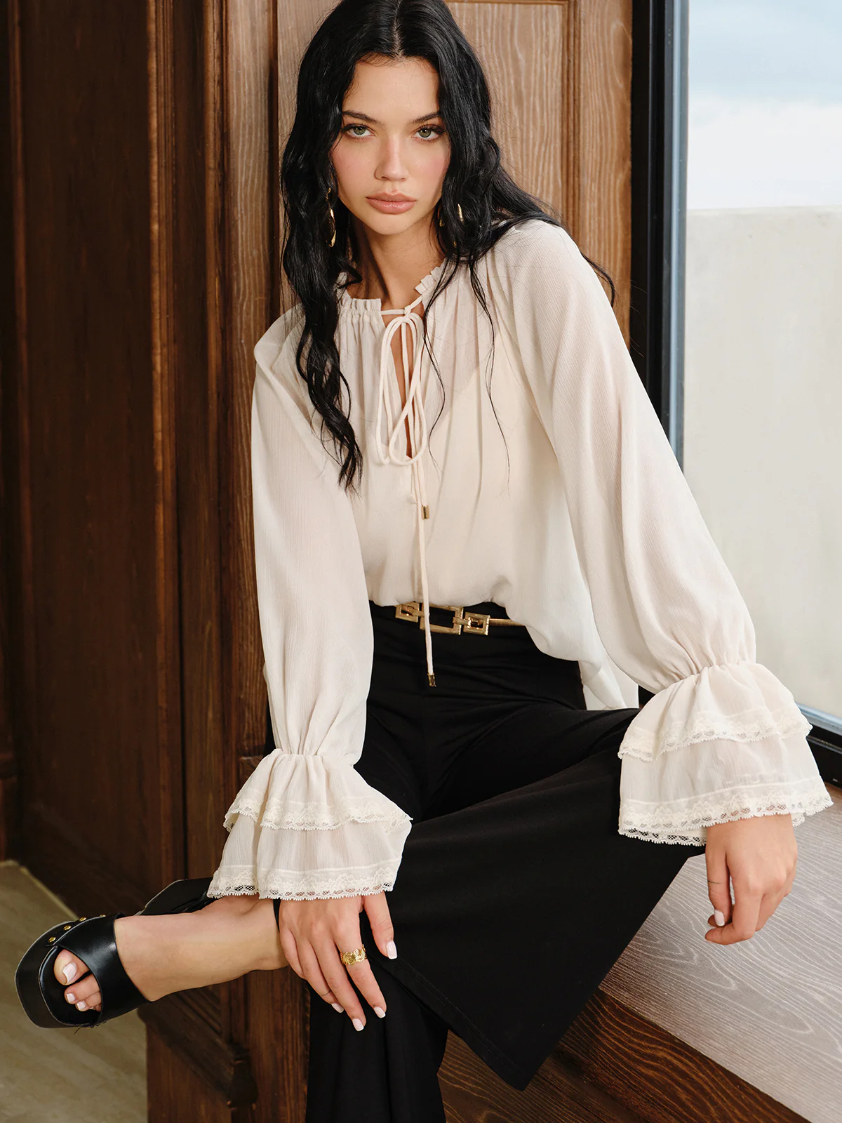 Bell Sleeve Sheer Chiffon Blouse Set with Liner - Wholesalesil