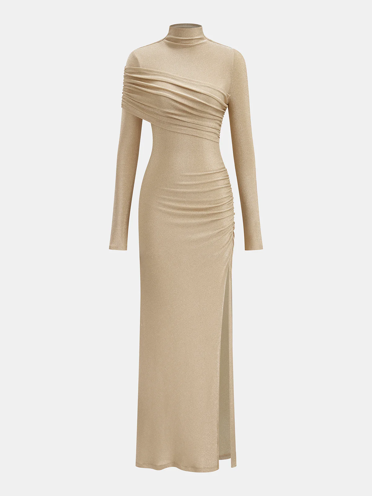Mock Neck Ruched Slit Maxi Dress - Wholesalesil