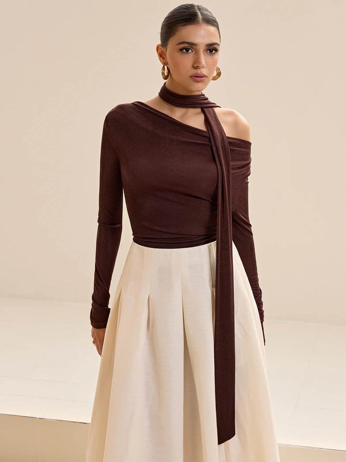 Asymmetric Neck Tie Detail Long-Sleeve T-Shirt - Wholesalesil