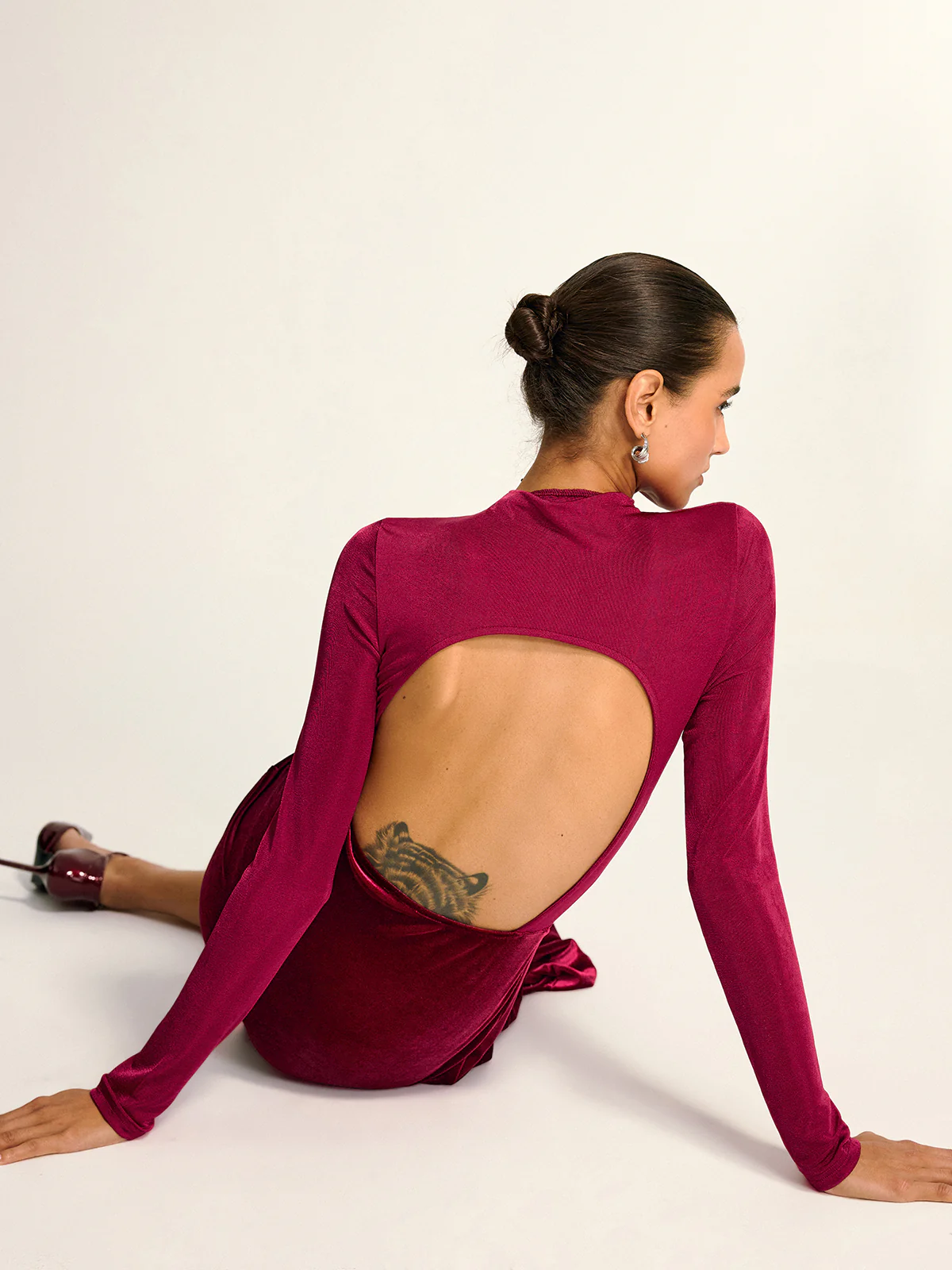 Velvet Panel Mock Neck Backless Maxi Dress - Wholesalesil