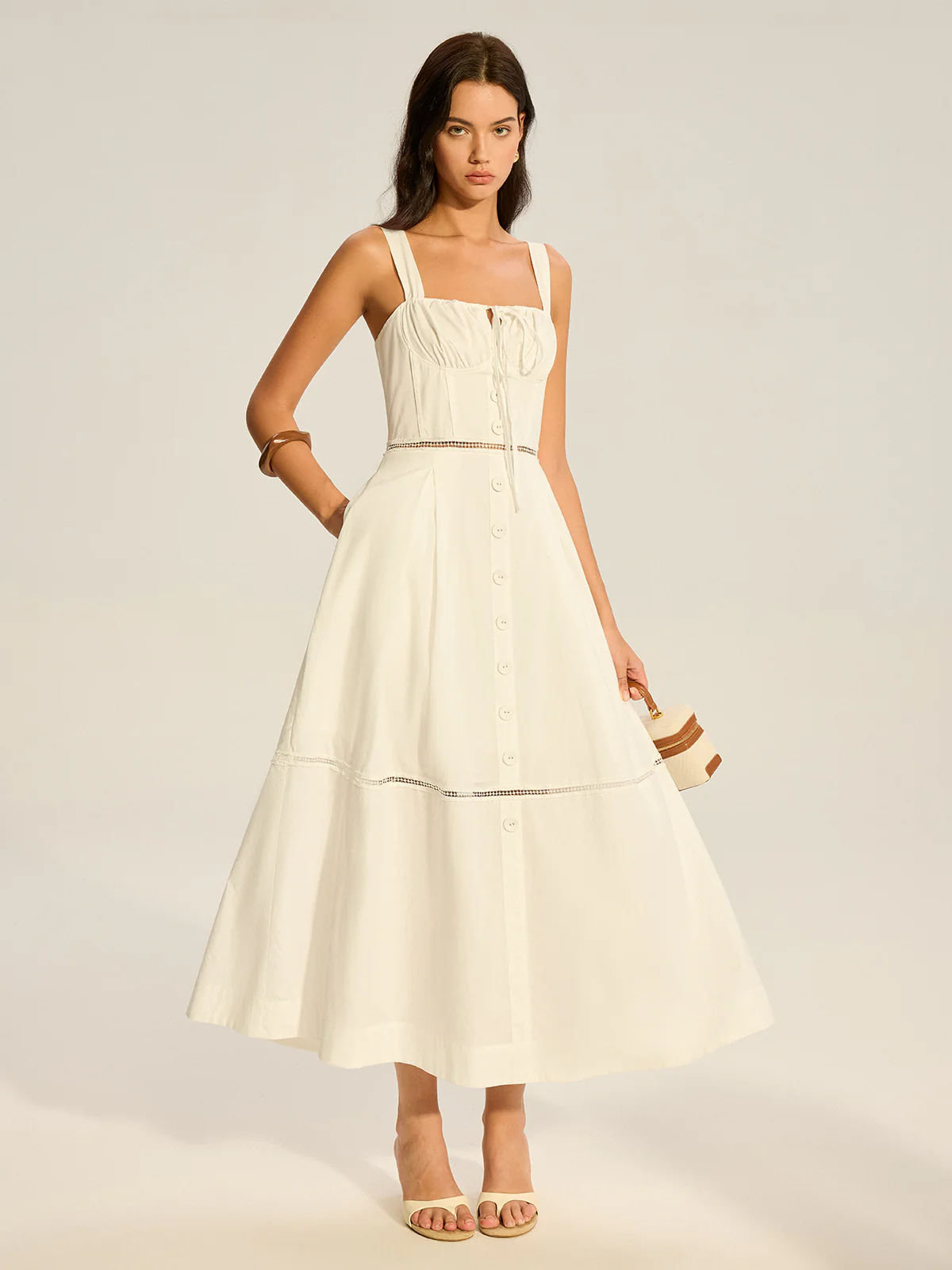 Lace Paneled Back-Tie Cotton Maxi Dress - Wholesalesil