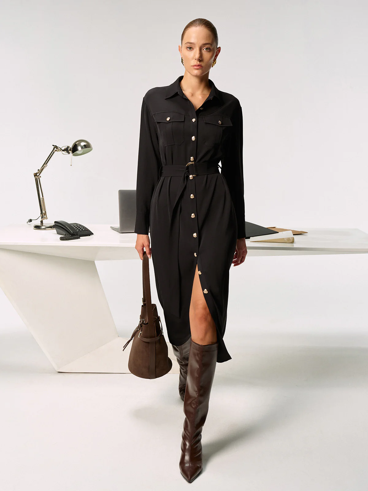 Metal Button-Front Belted Shirt Dress - Wholesalesil